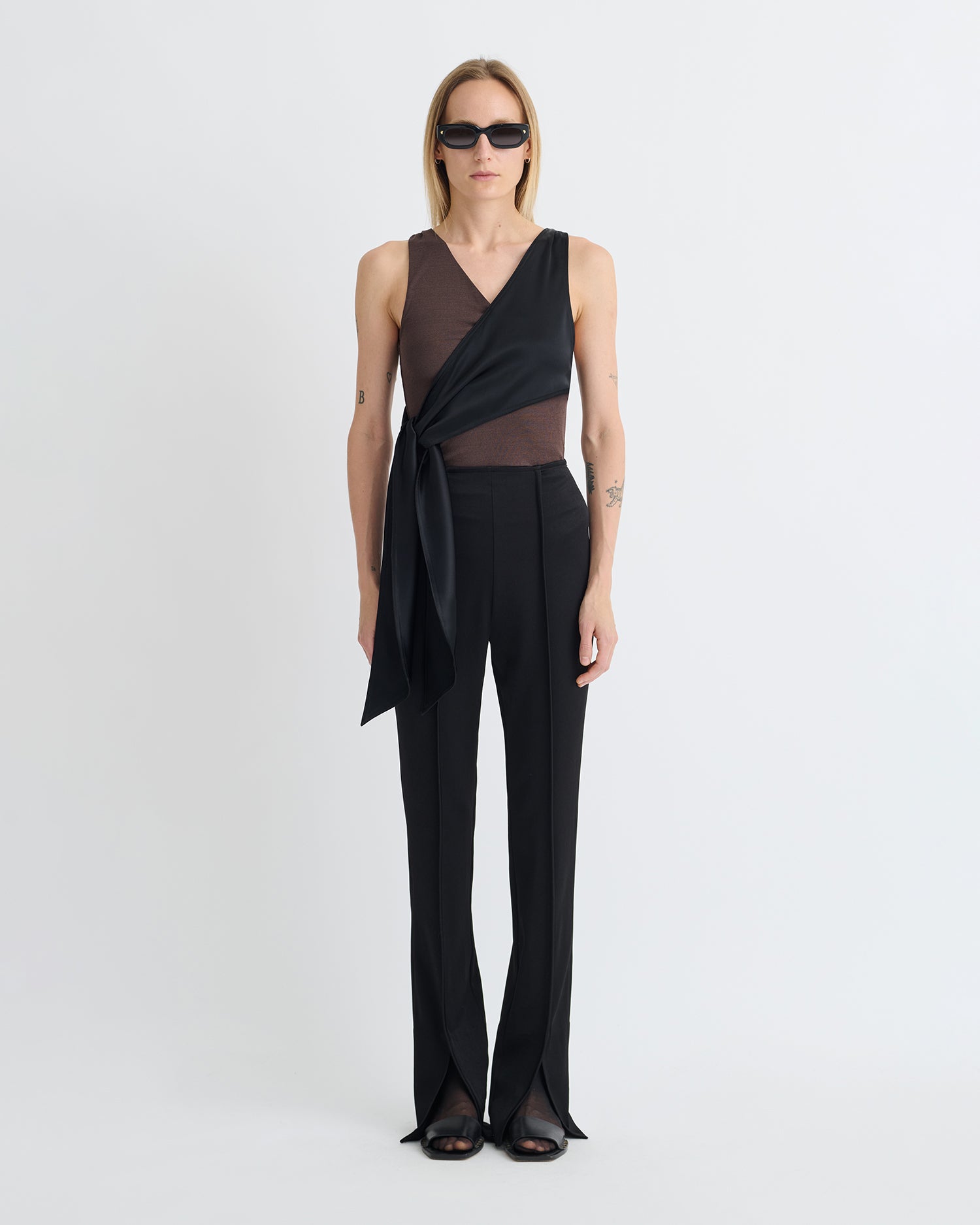 Neca - Mesh Jersey/Slip Satin Sleeveless Top - Dark Oak/Black