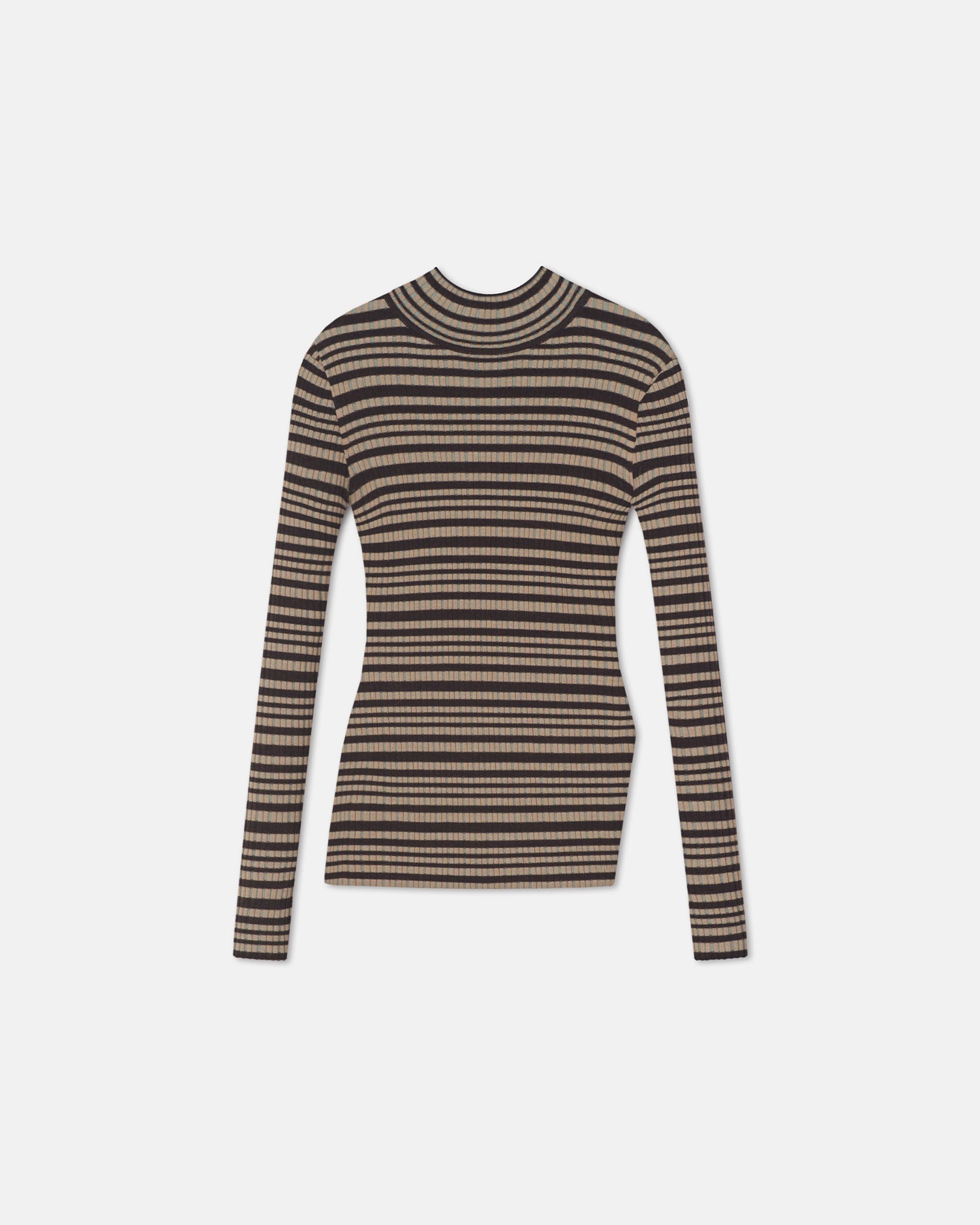 Arella - Fine Merino Rib Long Sleeved Top - Black/Brown/Green Stripe