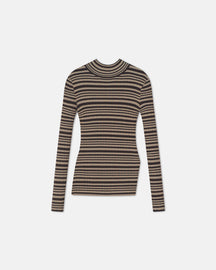 Arella - Fine Merino Rib Long Sleeved Top - Black/Brown/Green Stripe