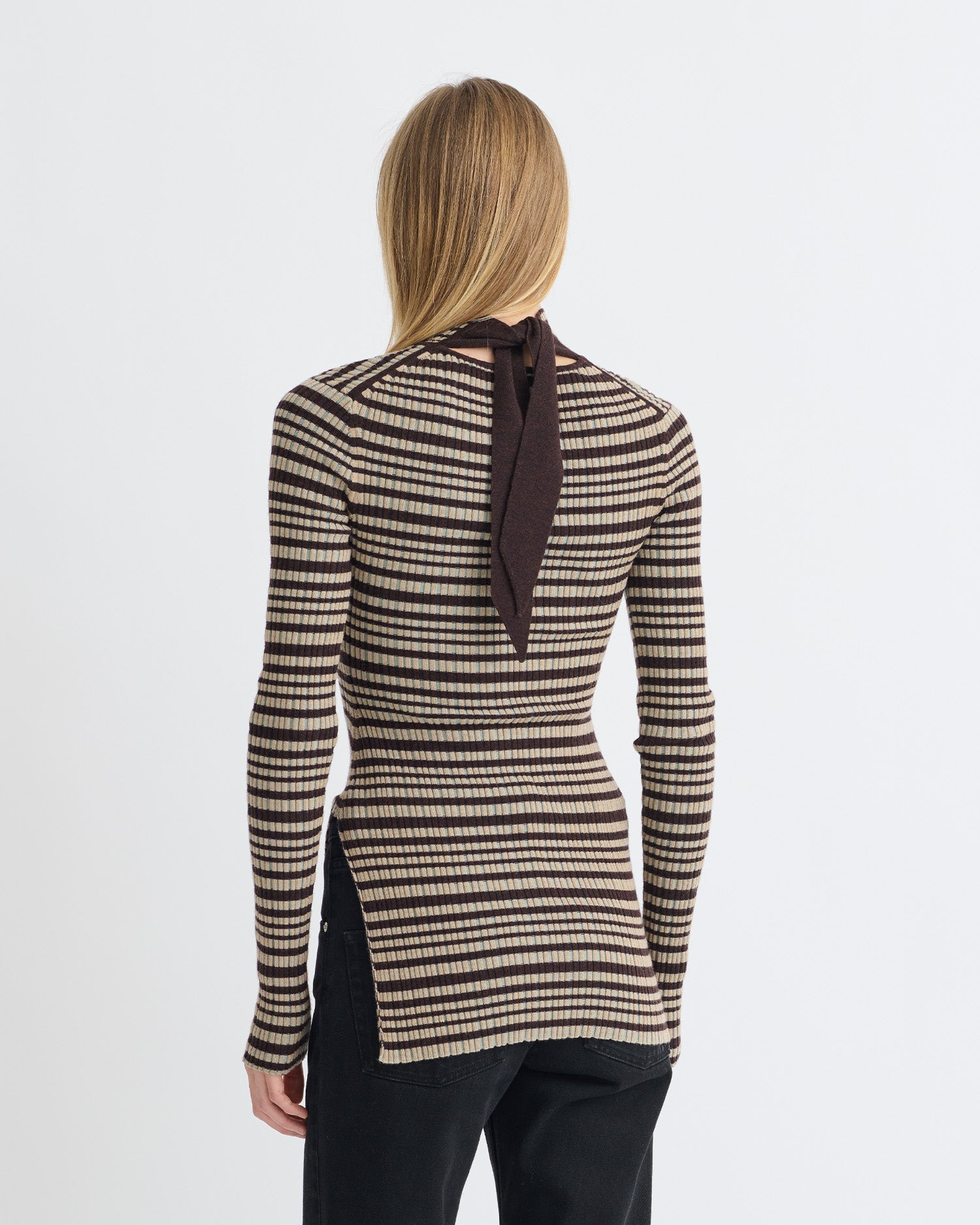 Arella - Fine Merino Rib Long Sleeved Top - Black/Brown/Green Stripe