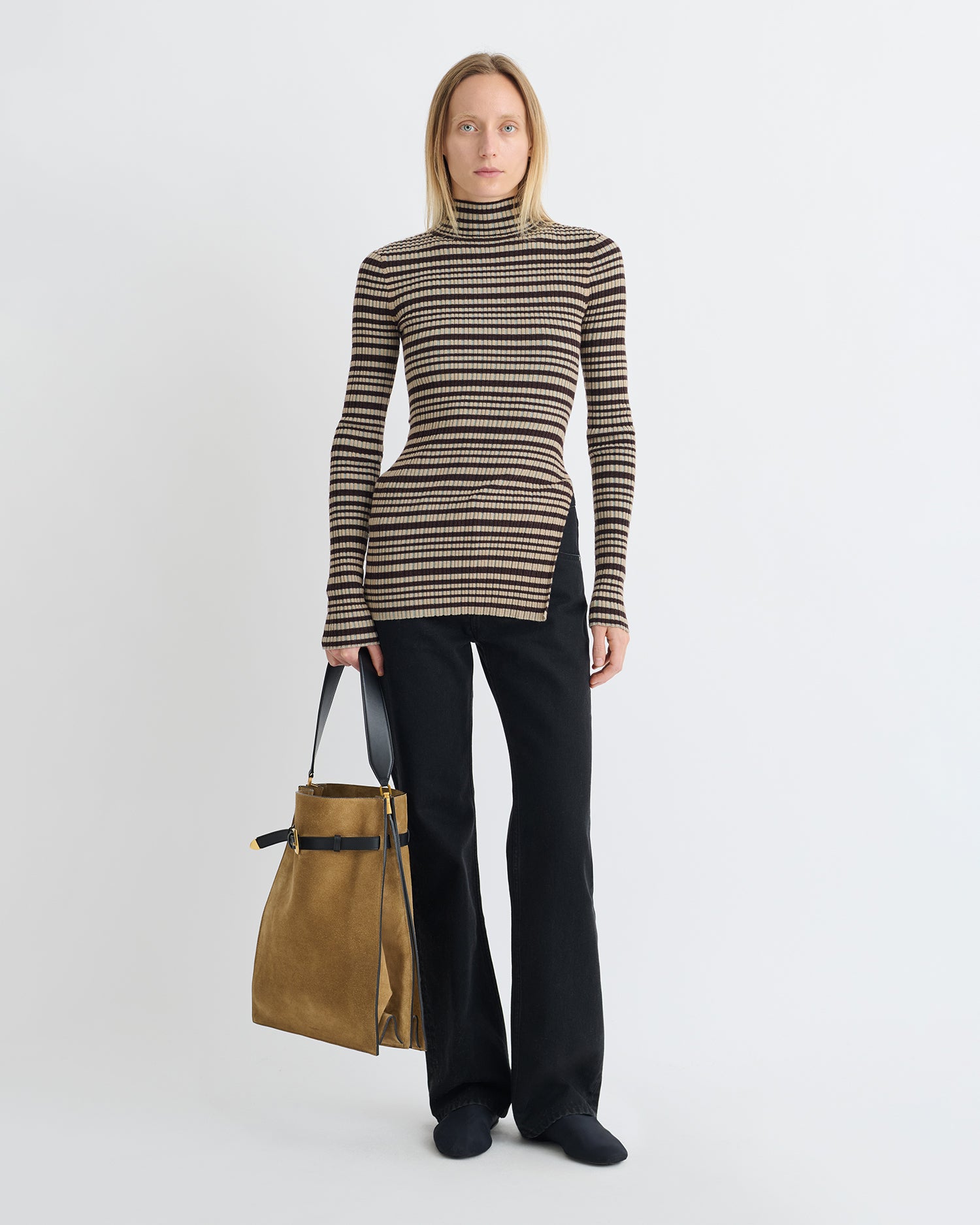 Arella - Fine Merino Rib Long Sleeved Top - Black/Brown/Green Stripe