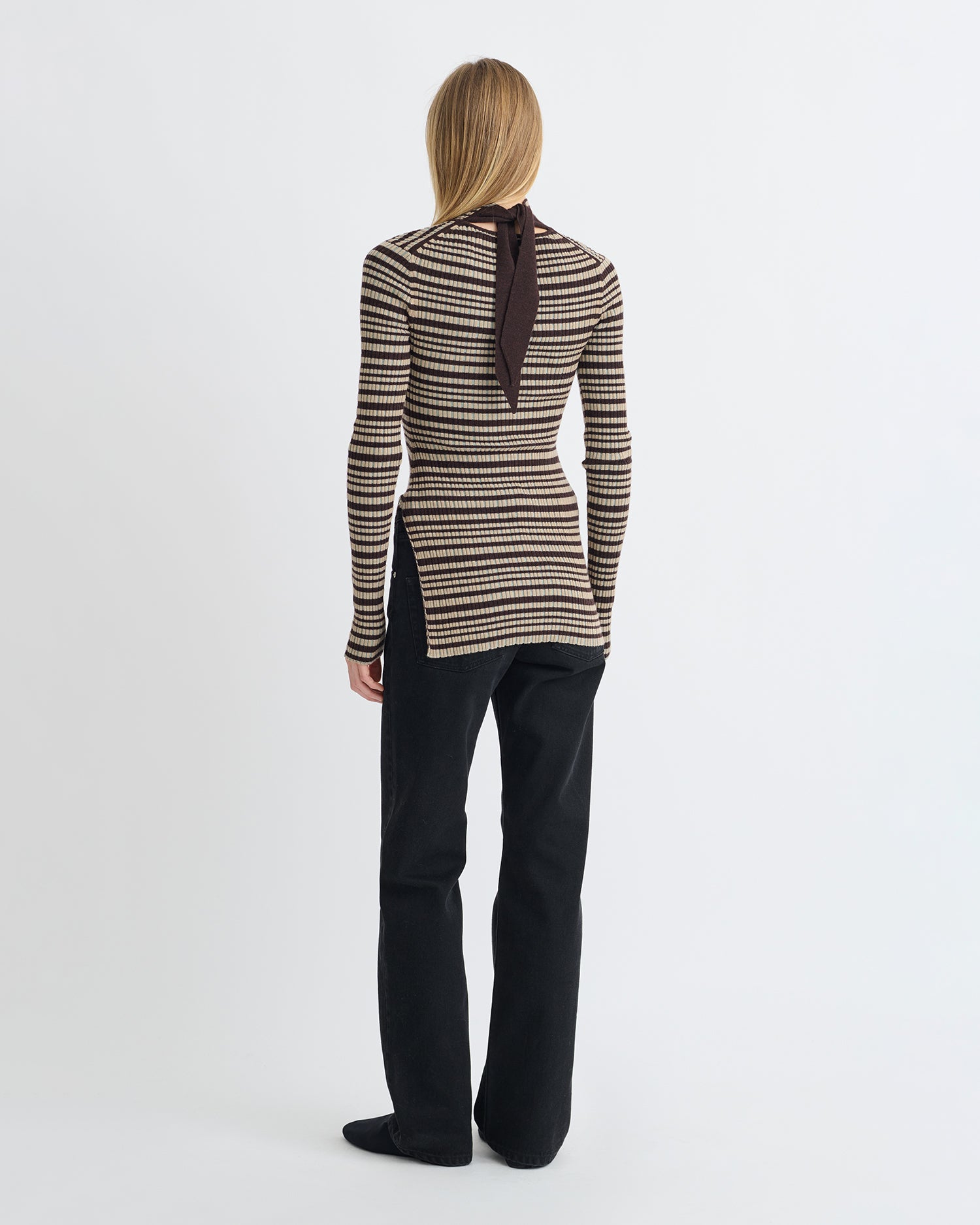 Arella - Fine Merino Rib Long Sleeved Top - Black/Brown/Green Stripe