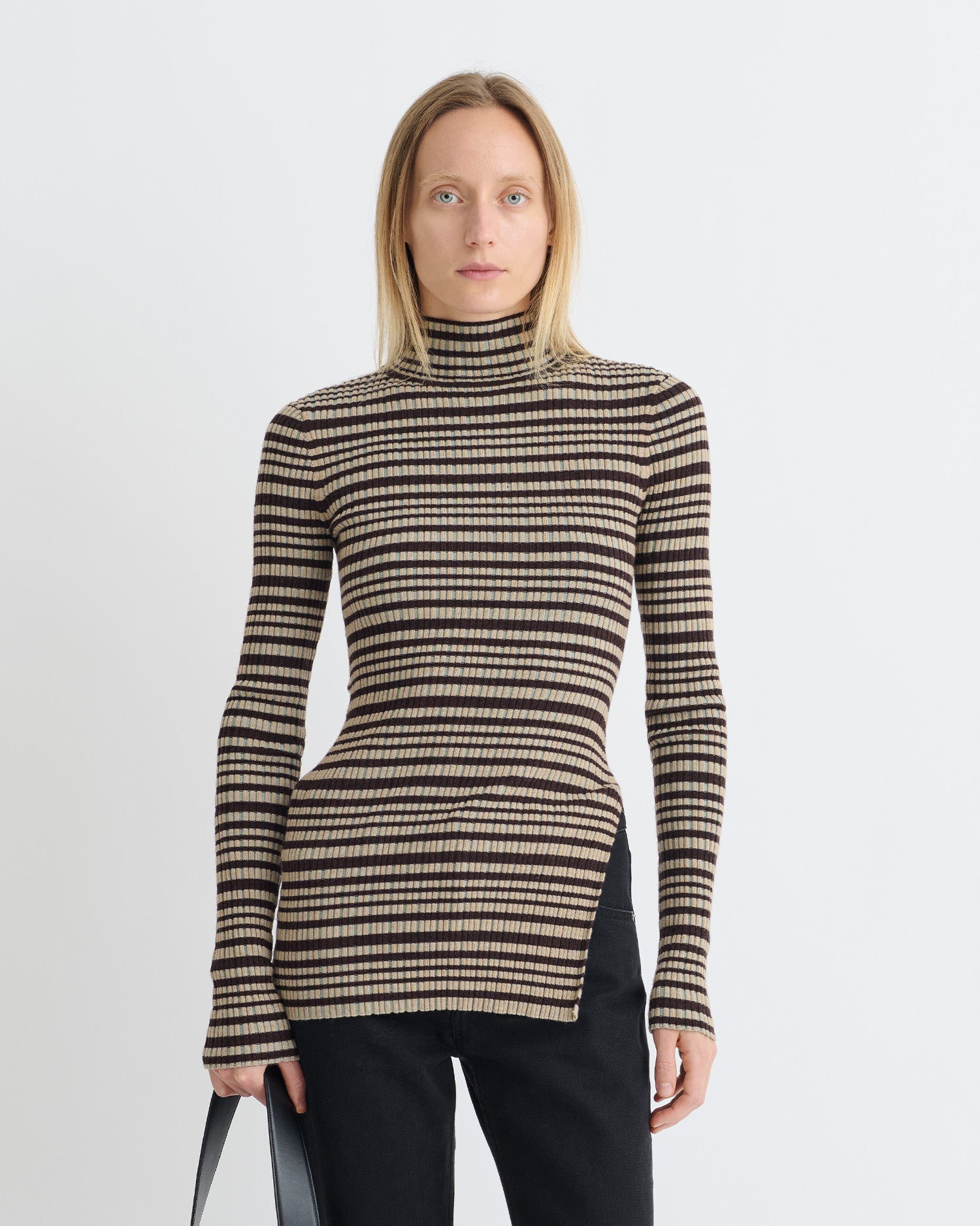 Arella - Fine Merino Rib Long Sleeved Top - Black/Brown/Green Stripe