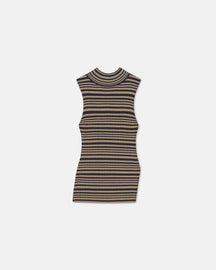 Liezel - Fine Merino Rib Sleeveless Top - Black/Brown/Green Stripe