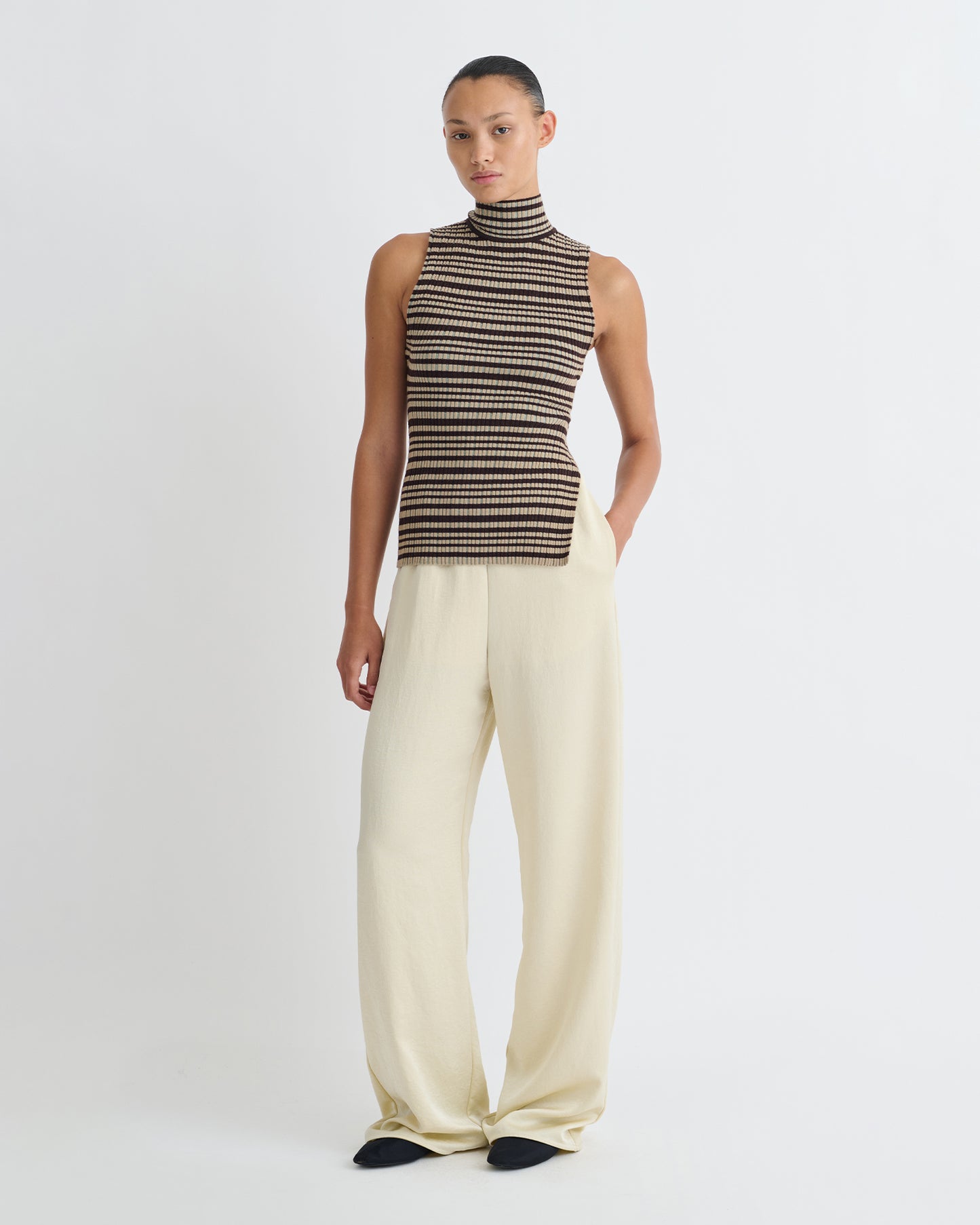 Liezel - Fine Merino Rib Sleeveless Top - Black/Brown/Green Stripe