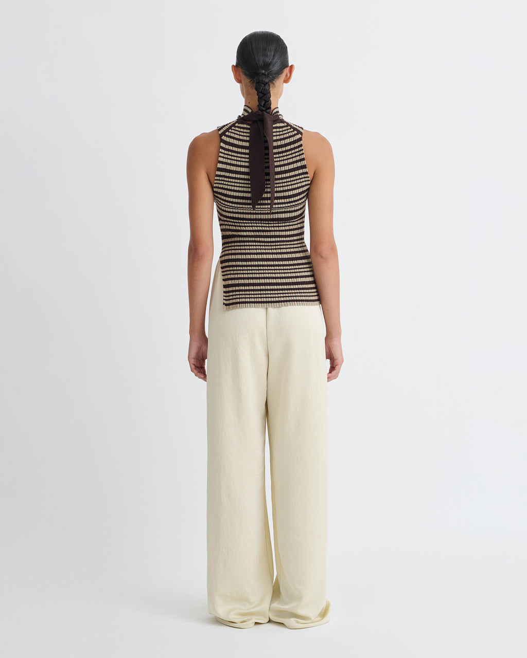 Liezel - Fine Merino Rib Sleeveless Top - Black/Brown/Green Stripe