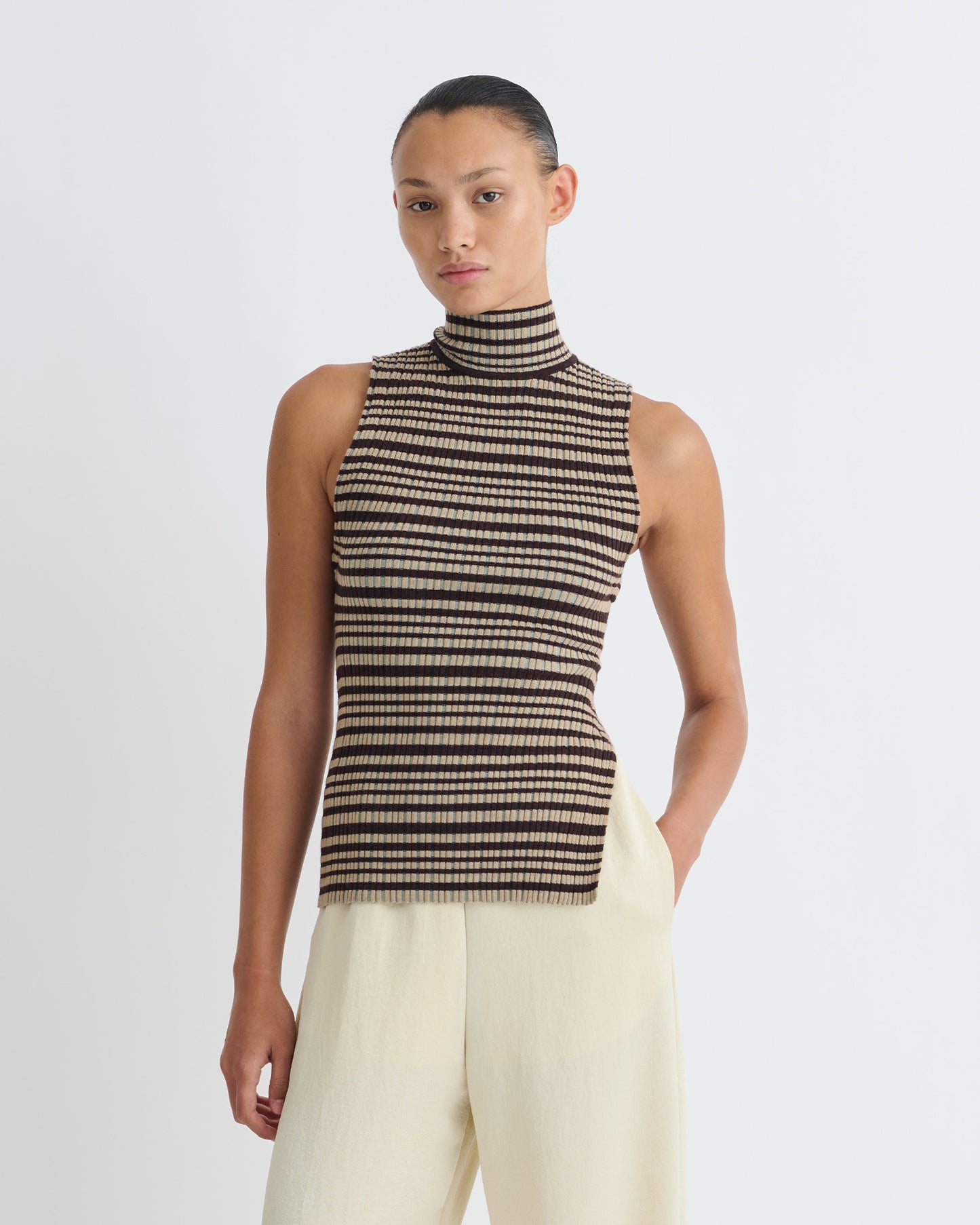 Liezel - Fine Merino Rib Sleeveless Top - Black/Brown/Green Stripe