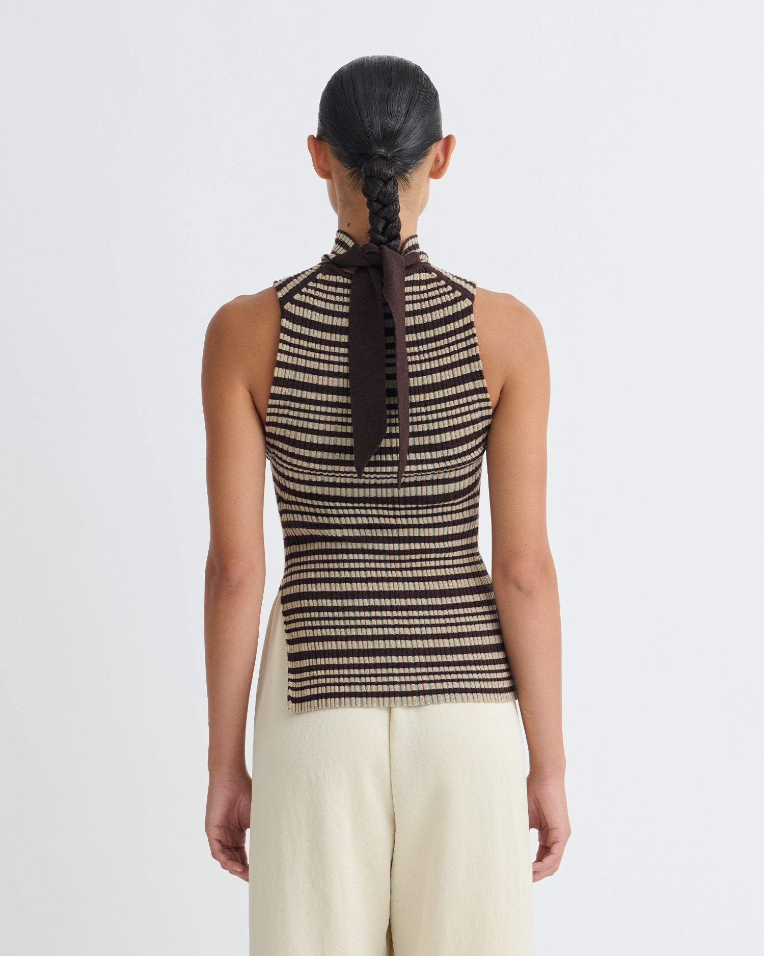 Liezel - Fine Merino Rib Sleeveless Top - Black/Brown/Green Stripe
