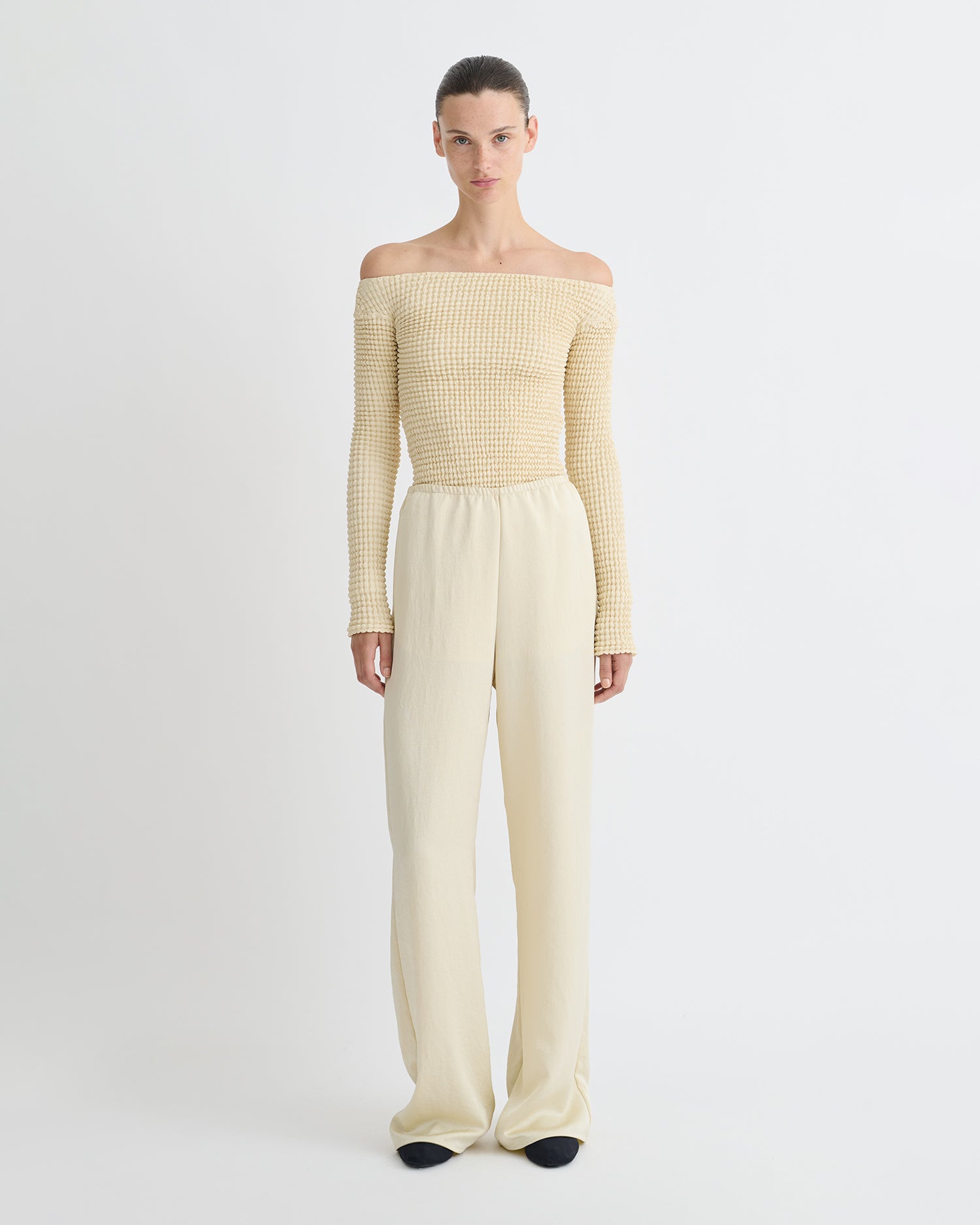 Elita - Ruched Glass Poplin Long Sleeved Tops - Oat