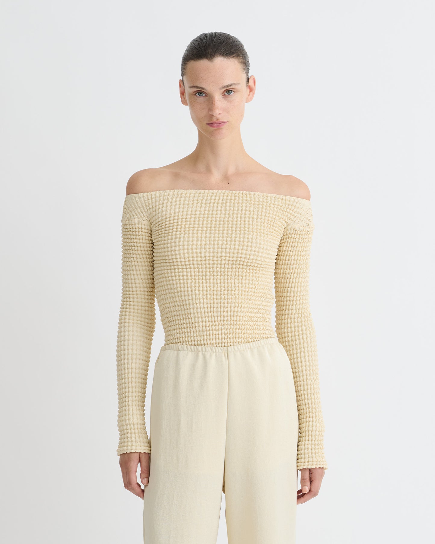 Elita - Ruched Glass Poplin Long Sleeved Tops - Oat