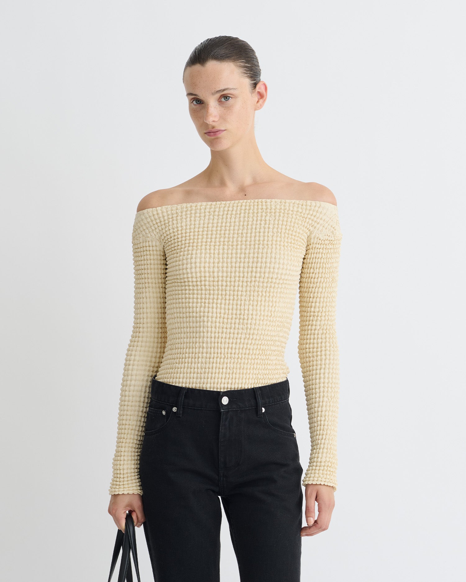 Elita - Ruched Glass Poplin Long Sleeved Tops - Oat