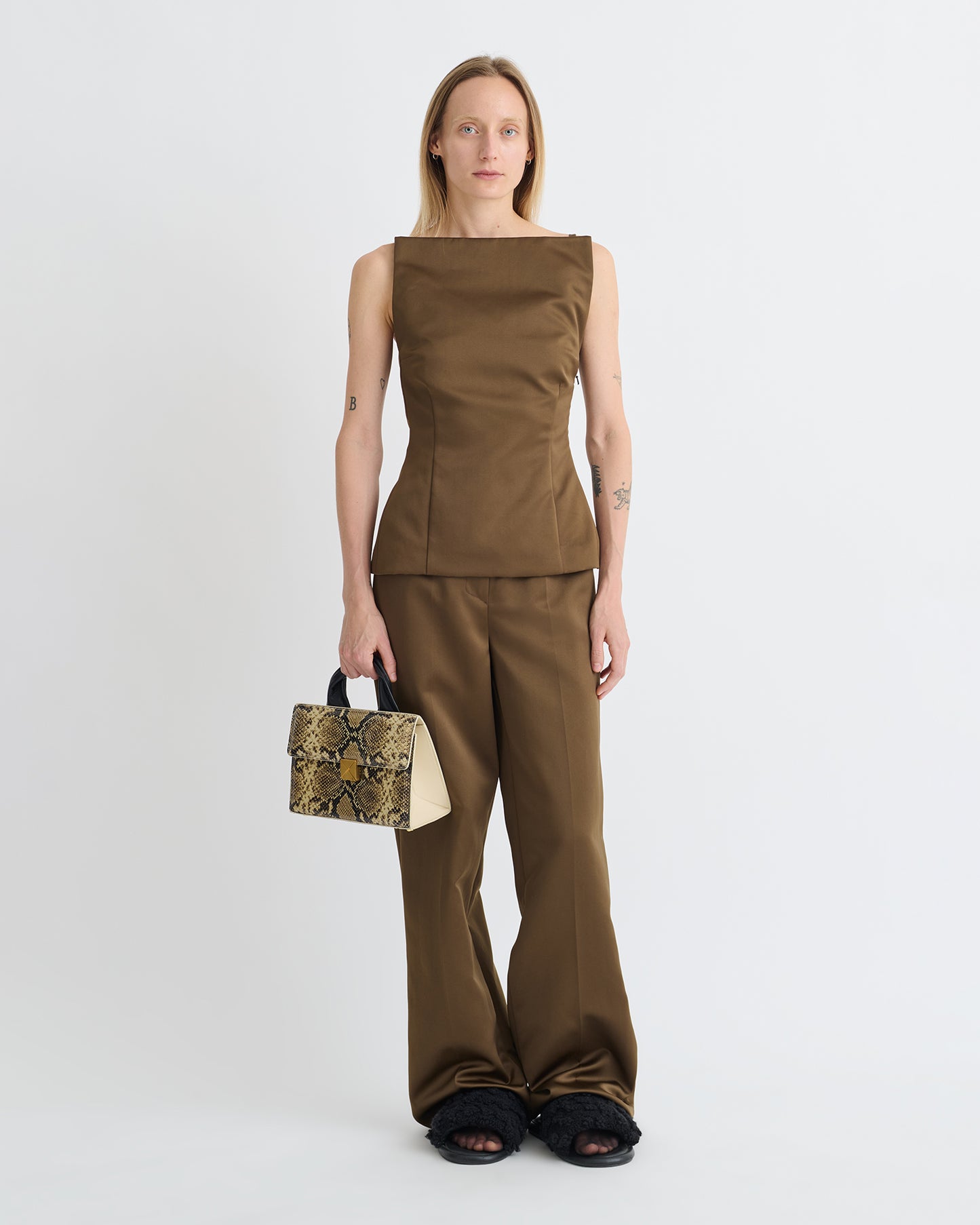 Laree - Structured Satin Sleeveless Top - Wood