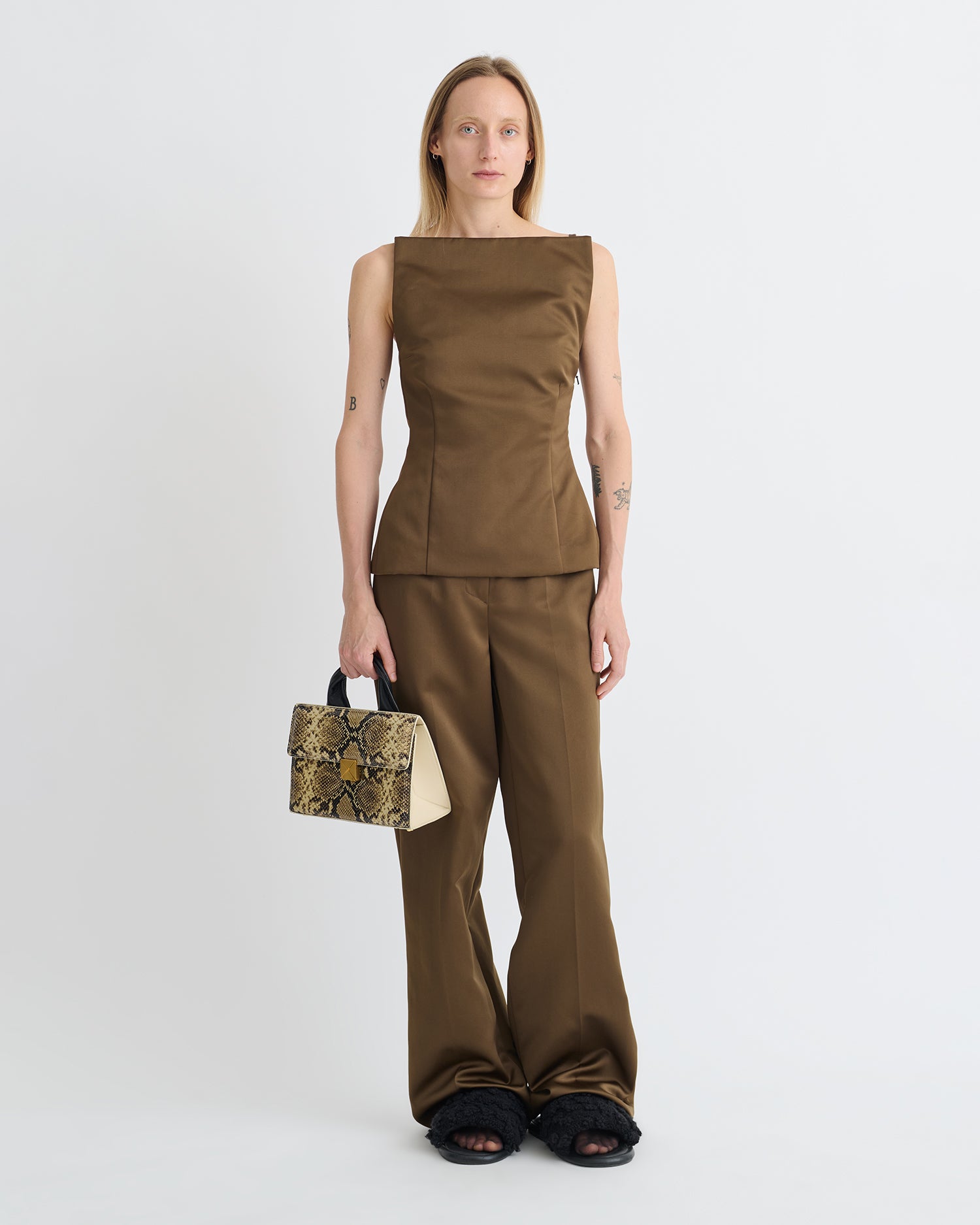 Laree - Structured Satin Sleeveless Top - Wood