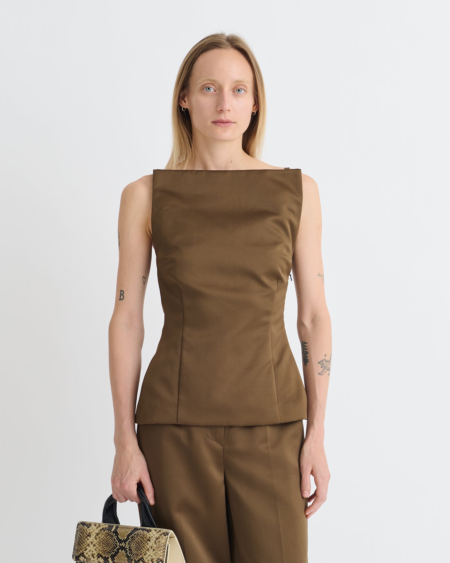 Laree - Structured Satin Sleeveless Top - Wood