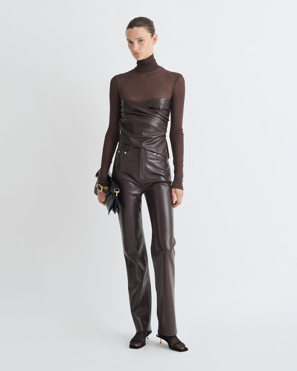 Kynlee - Mixed fabric turtleneck top - Dark Oak/Coffee Ground