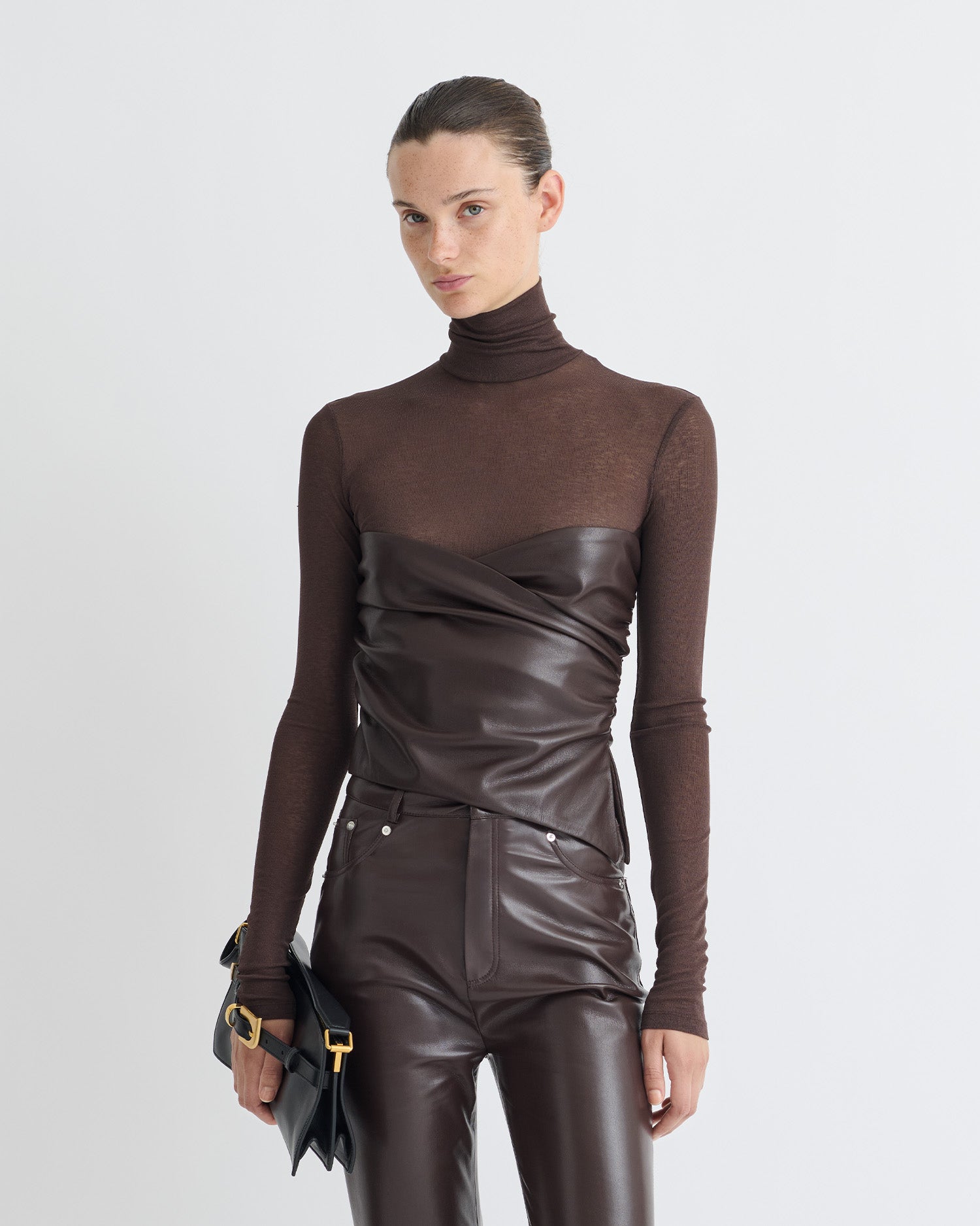Kynlee - Mesh Jersey/Okobor Turtleneck Top - Dark Oak/Coffee