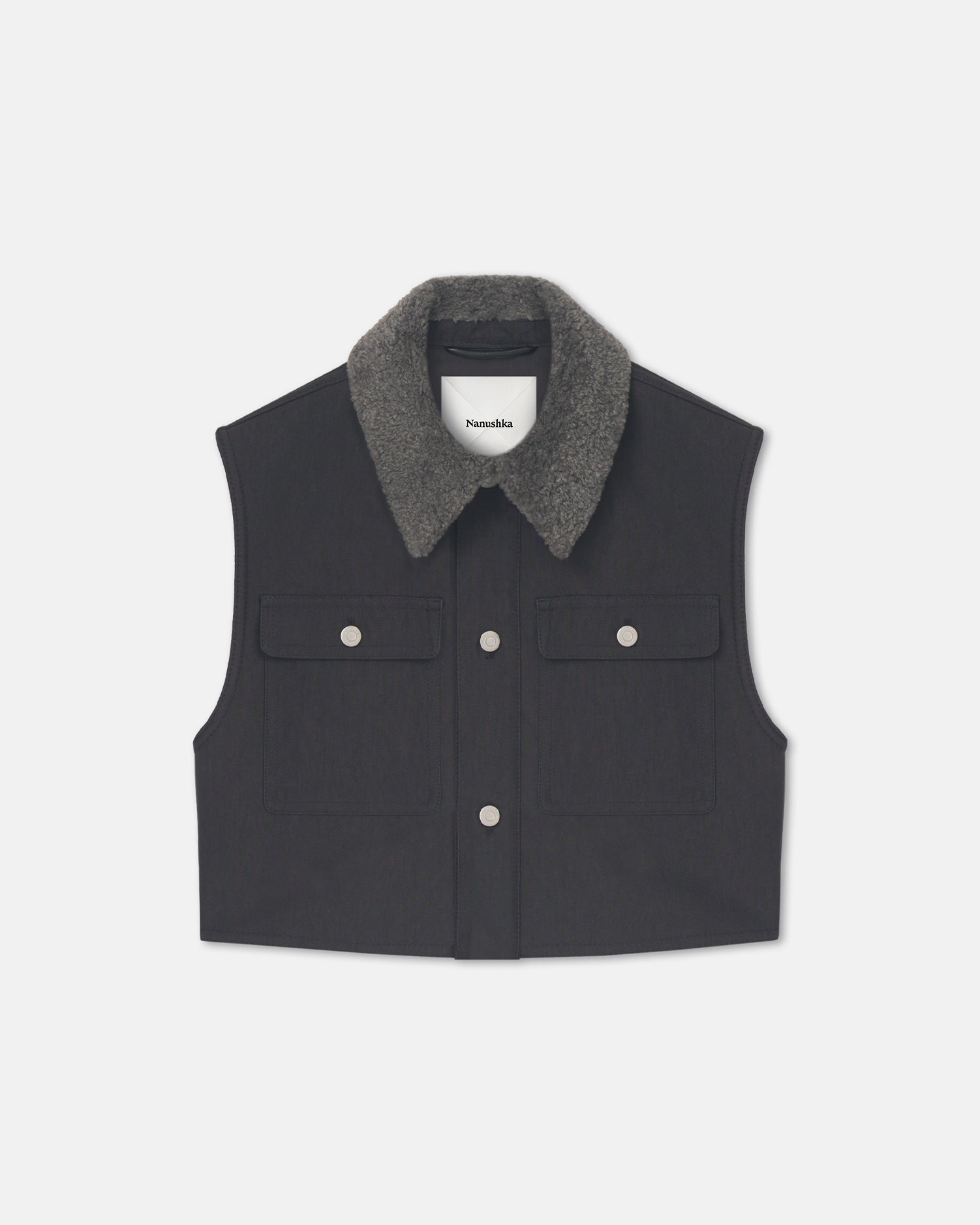 Zalina - Wax Cotton and Faux Shearling Vest - Graphite – Nanushka