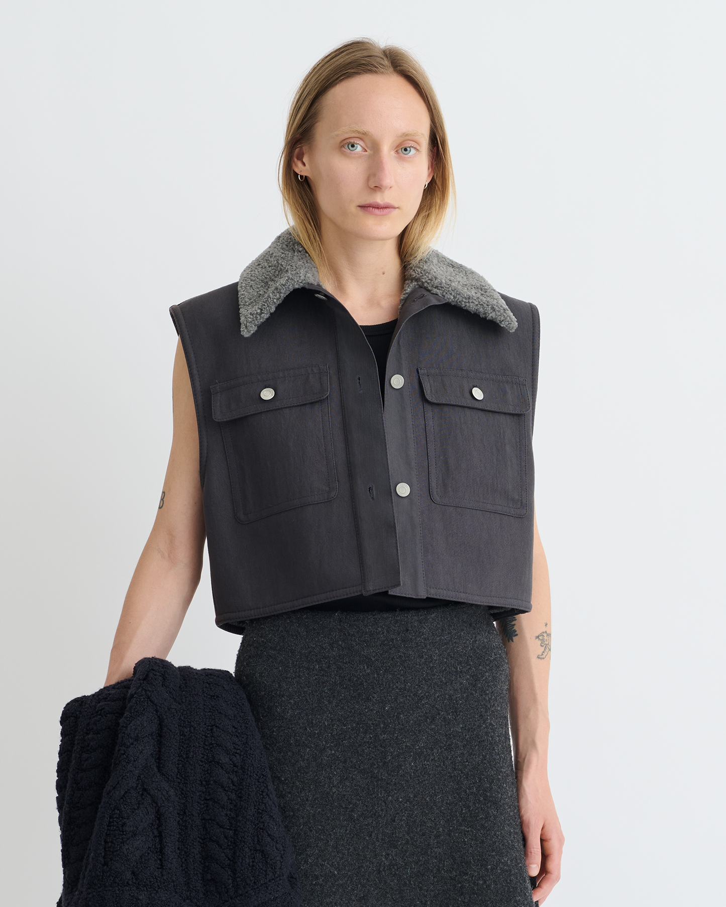 Zalina - Wax Cotton and Faux Shearling Vest - Graphite