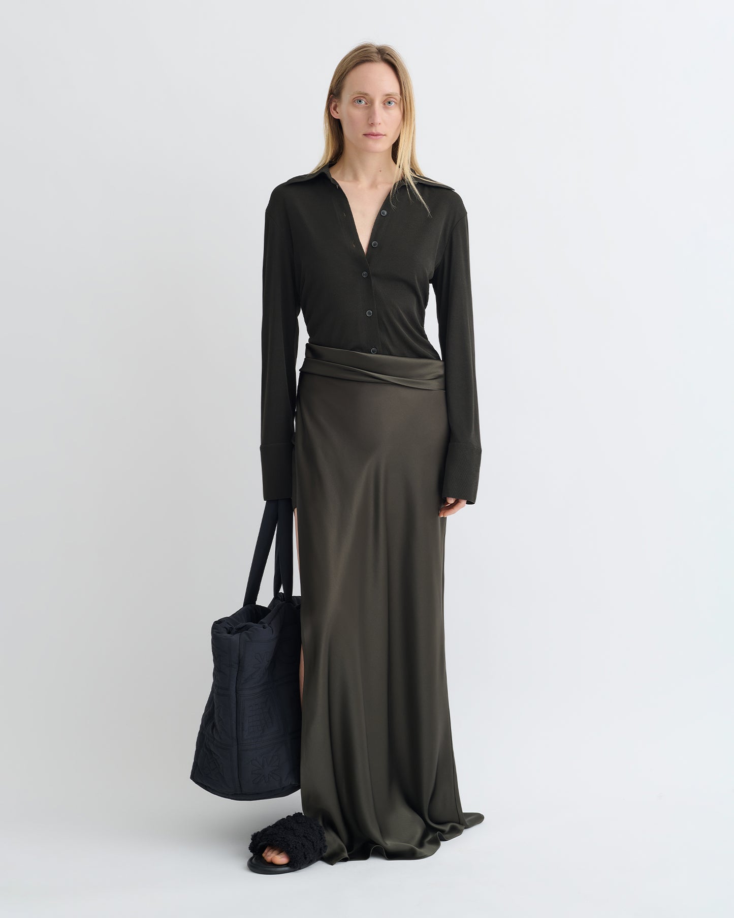 Scylla - Mesh Jersey and Slip Satin Dress - Dark Green/Anthracite