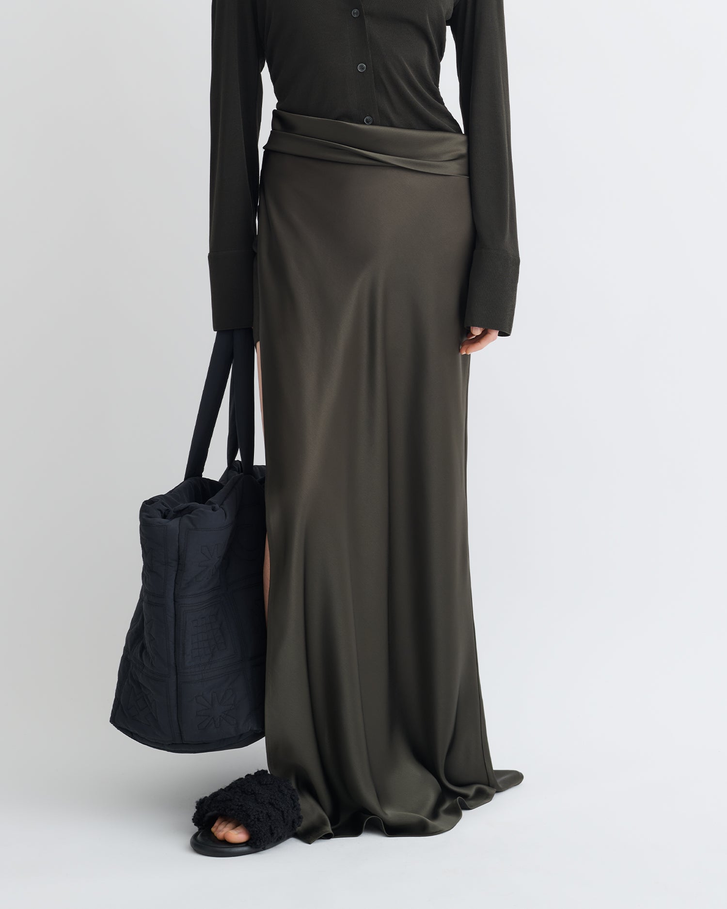 Scylla - Mesh Jersey and Slip Satin Dress - Dark Green/Anthracite