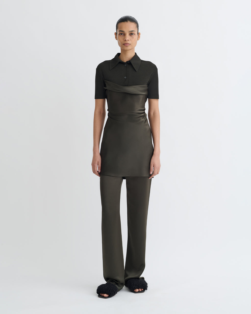 Heceta - Mesh Jersey and Slip Satin Mini Dress - Dark Green/Anthracite
