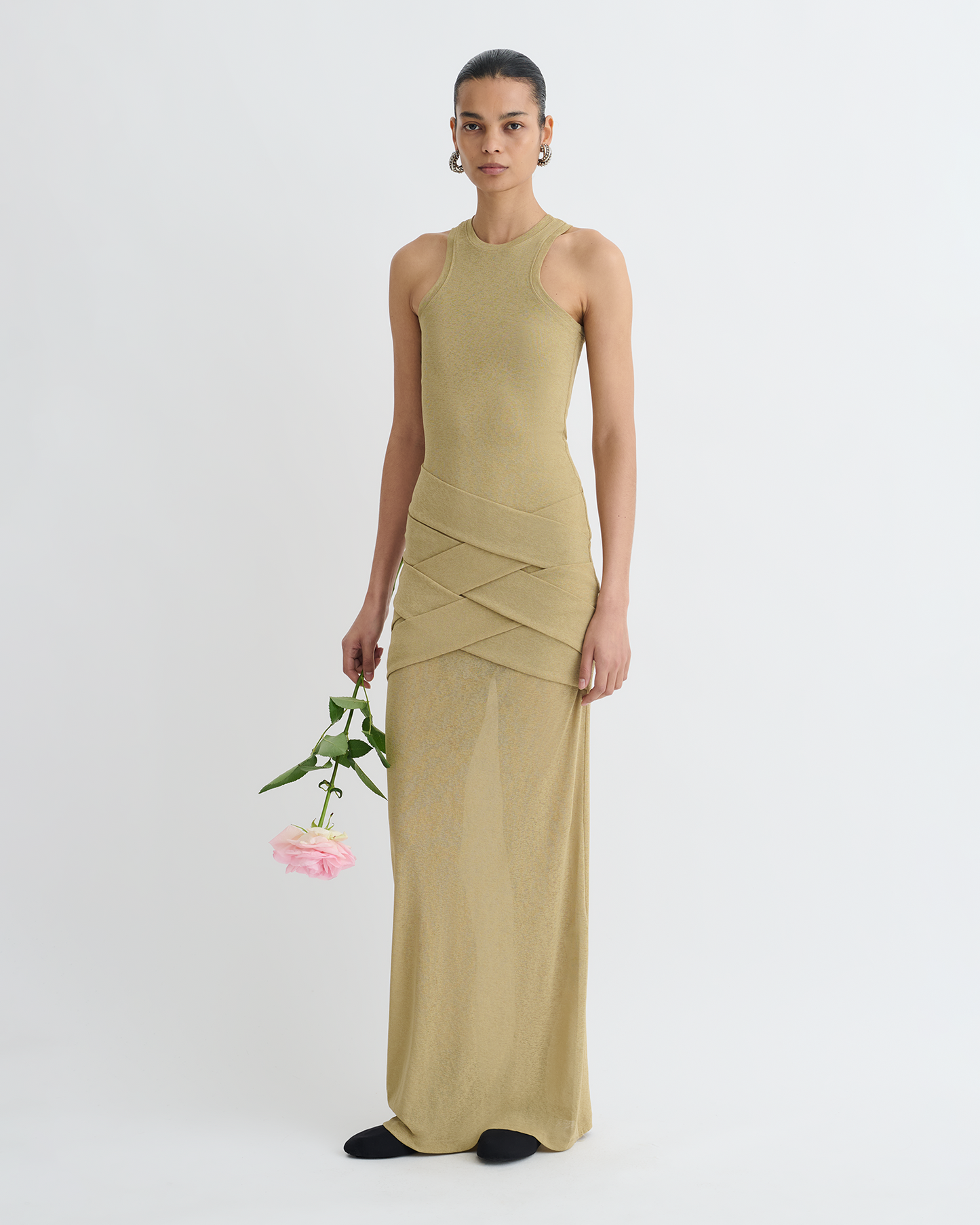 Arisa - Draped Mesh Jersey Maxi Dress - Sand