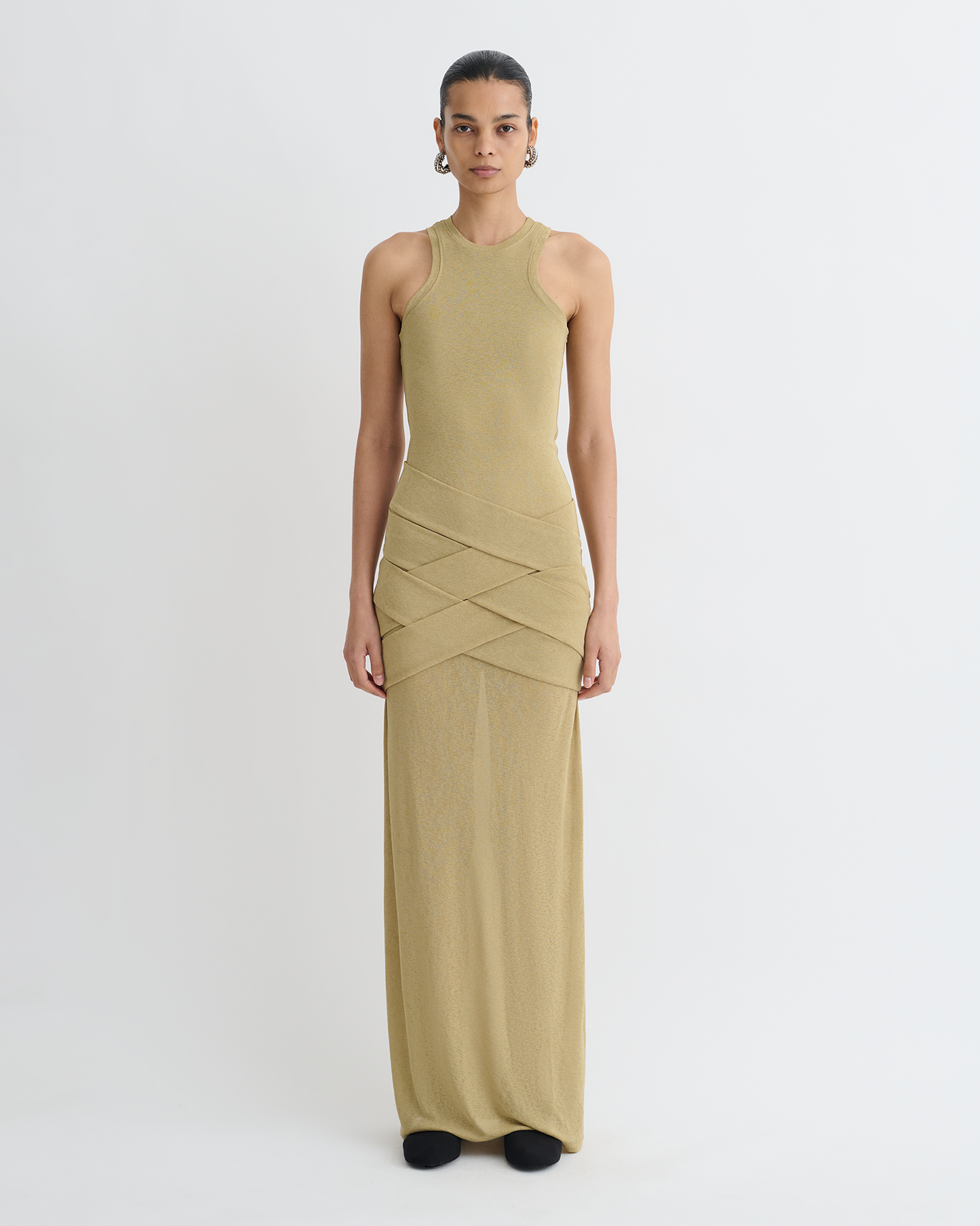 Arisa - Draped Mesh Jersey Maxi Dress - Sand