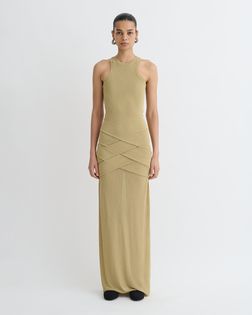 Arisa   draped mesh jersey maxi dress   sand