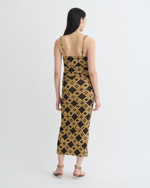 Alexa   printed mesh jersey midi dress   symbol tile oak
