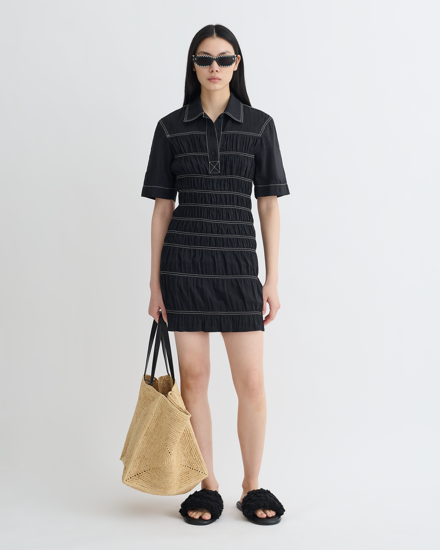 Nomia - Smocked Glass Poplin Mini Dress - Black