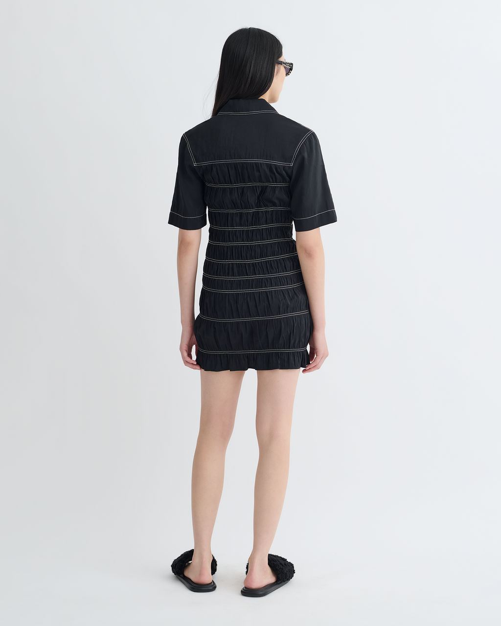 Nomia - Smocked Glass Poplin Mini Dress - Black