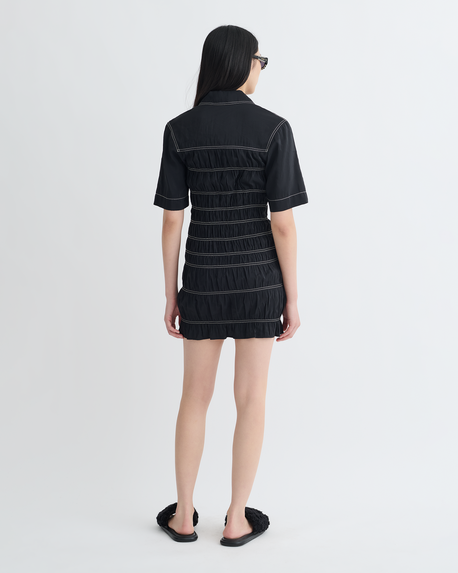 Nomia - Smocked Glass Poplin Mini Dress - Black