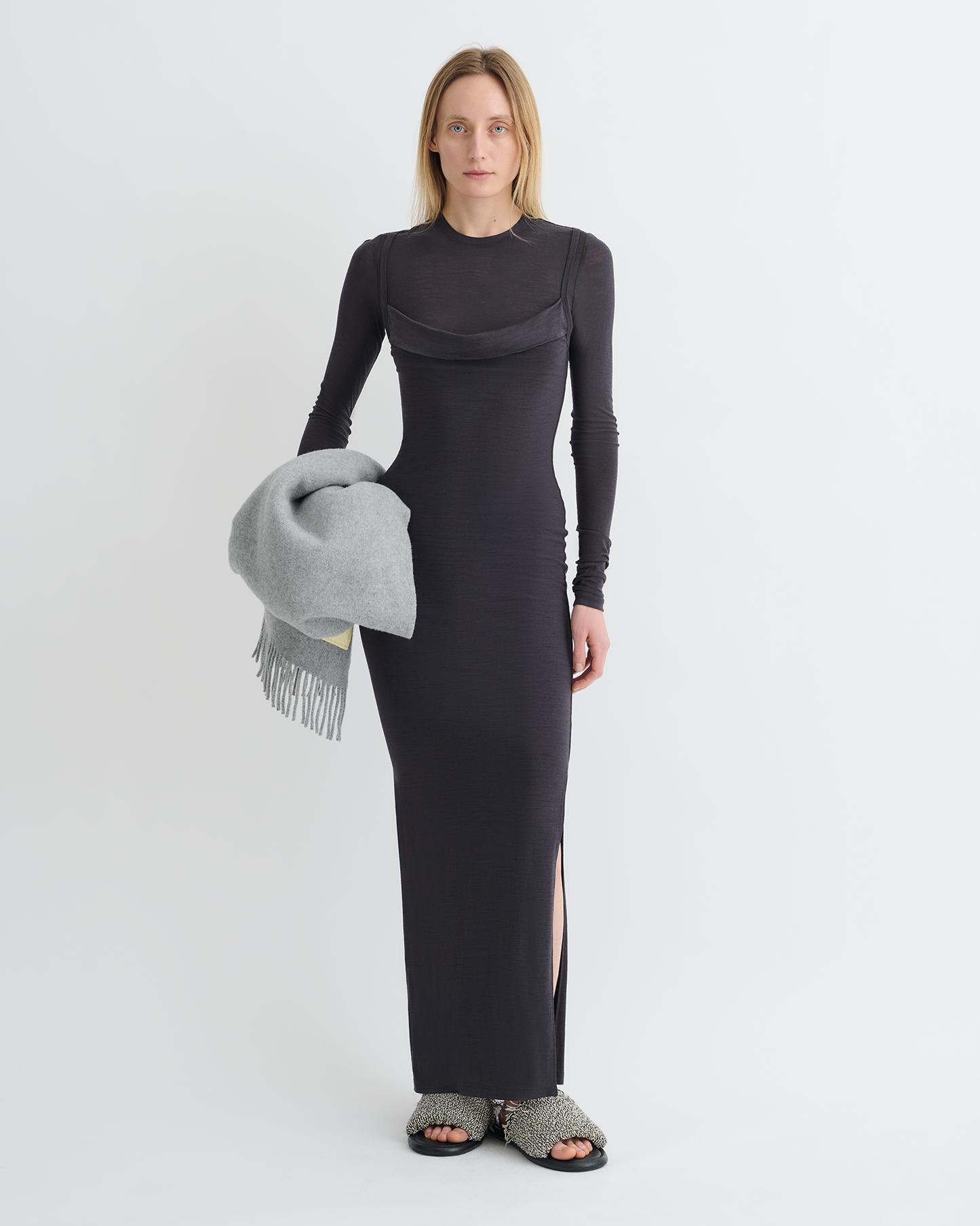 Linora - Draped Wool Jersey Midi Dress - Grey