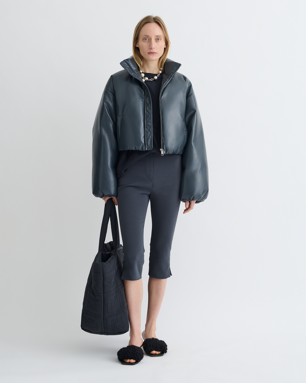Lilima - Cropped Okobor™ Alt-Leather Puffer Jacket - Steel Blue