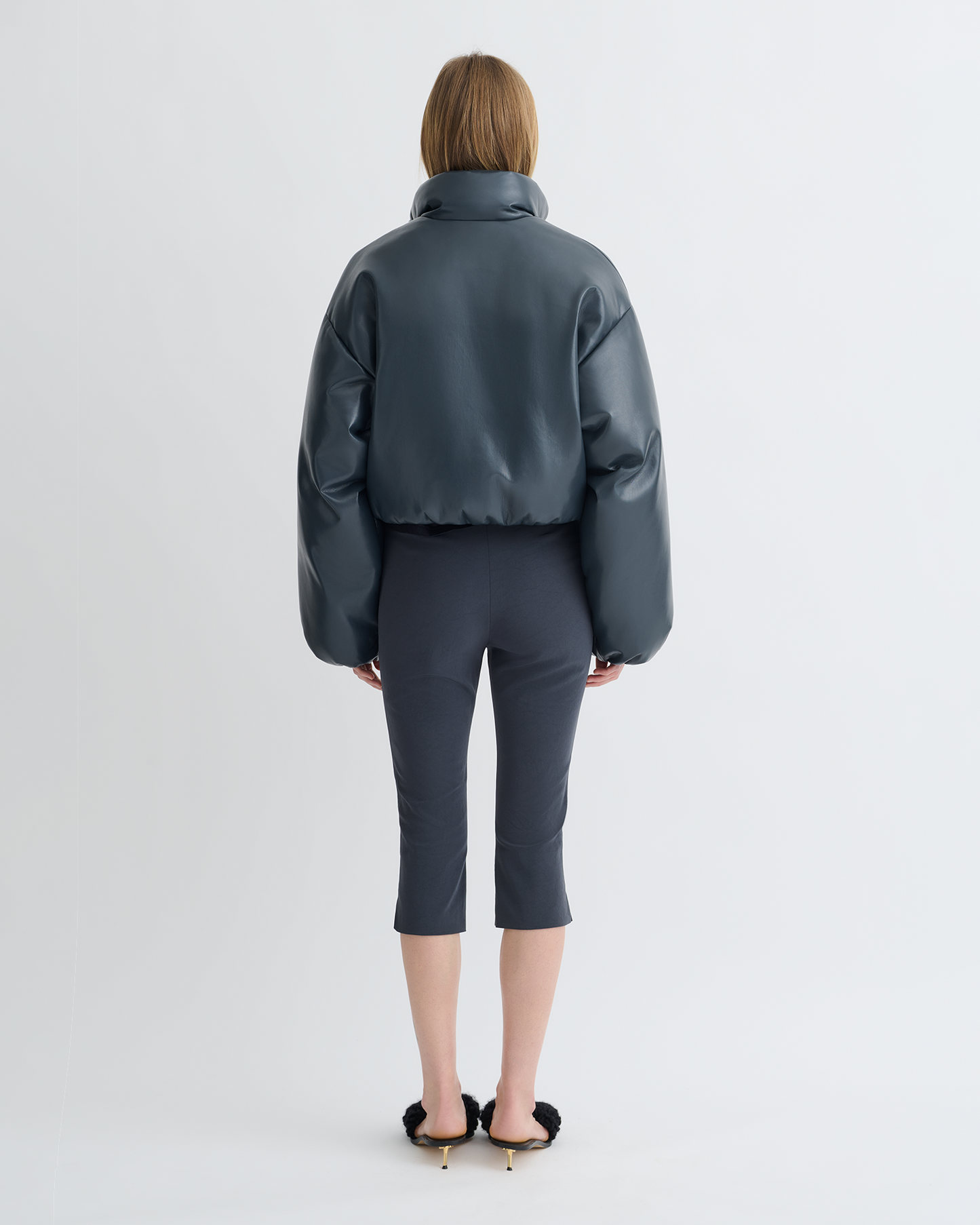 Lilima - Cropped Okobor™ Alt-Leather Puffer Jacket - Steel Blue