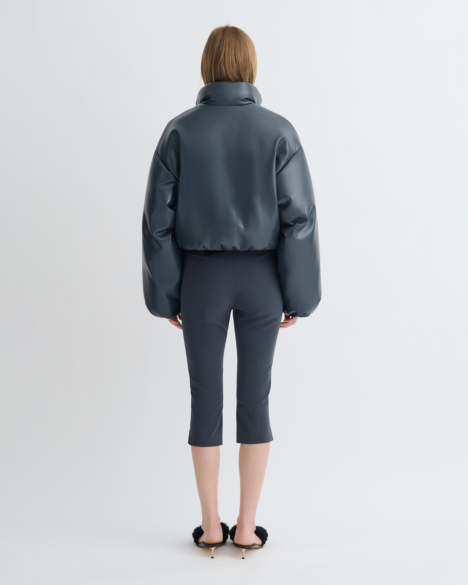 Lilima - Cropped Okobor™ Alt-Leather Puffer Jacket - Steel Blue