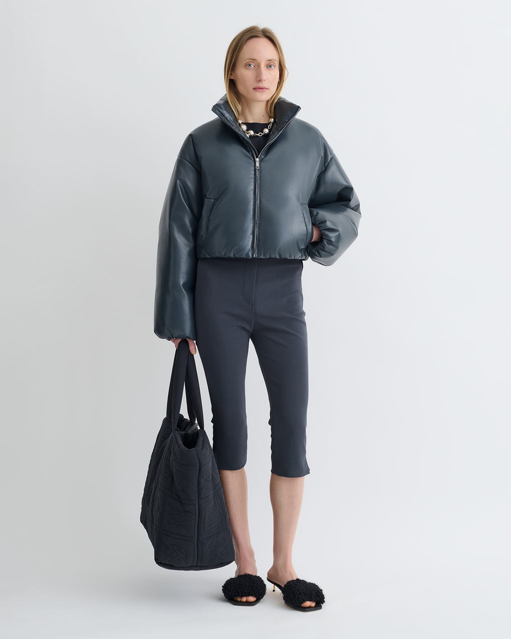 Lilima - Cropped Okobor™ Alt-Leather Puffer Jacket - Steel Blue