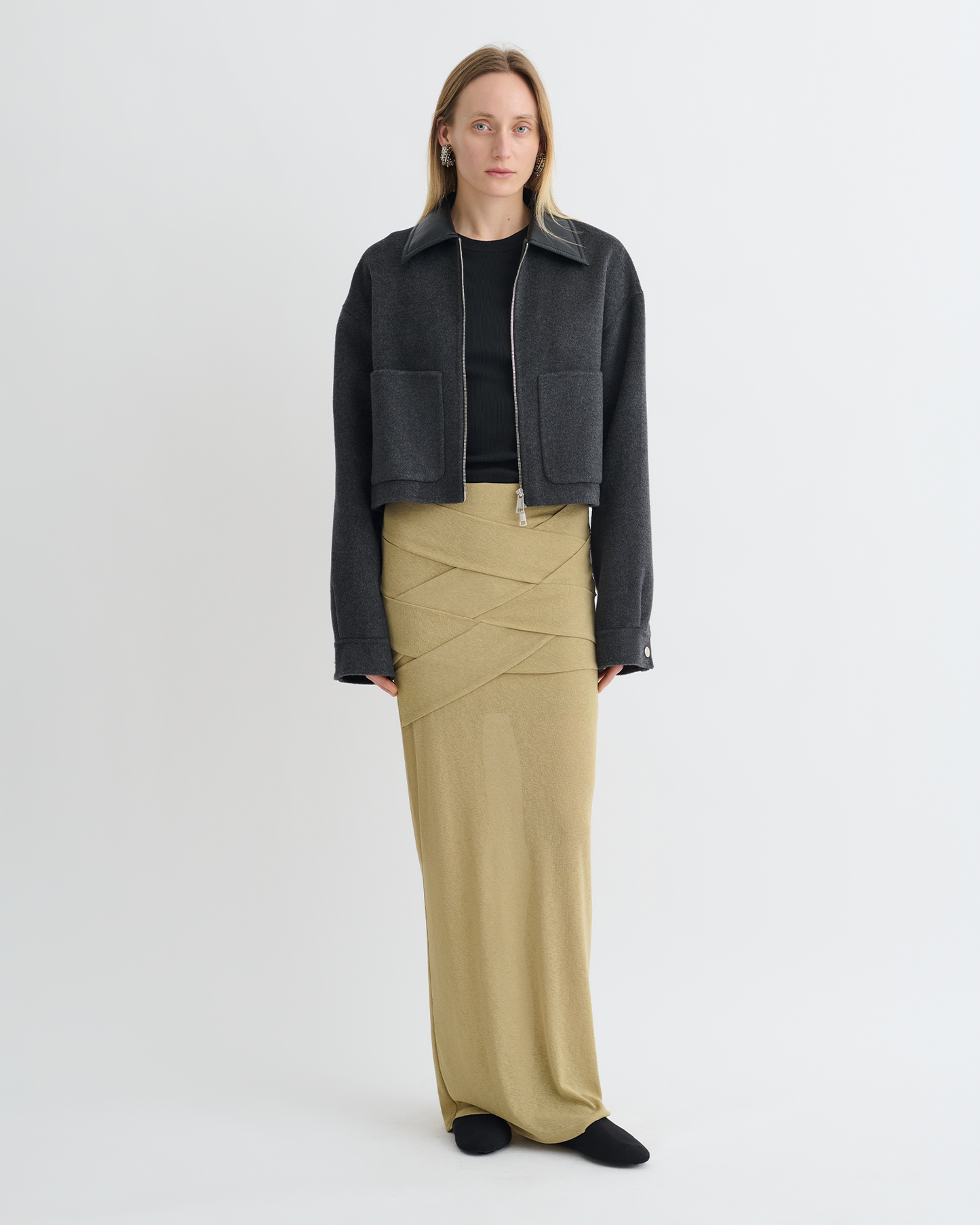 Phebe - Cropped Double Wool Jacket - Grey Melange/Black