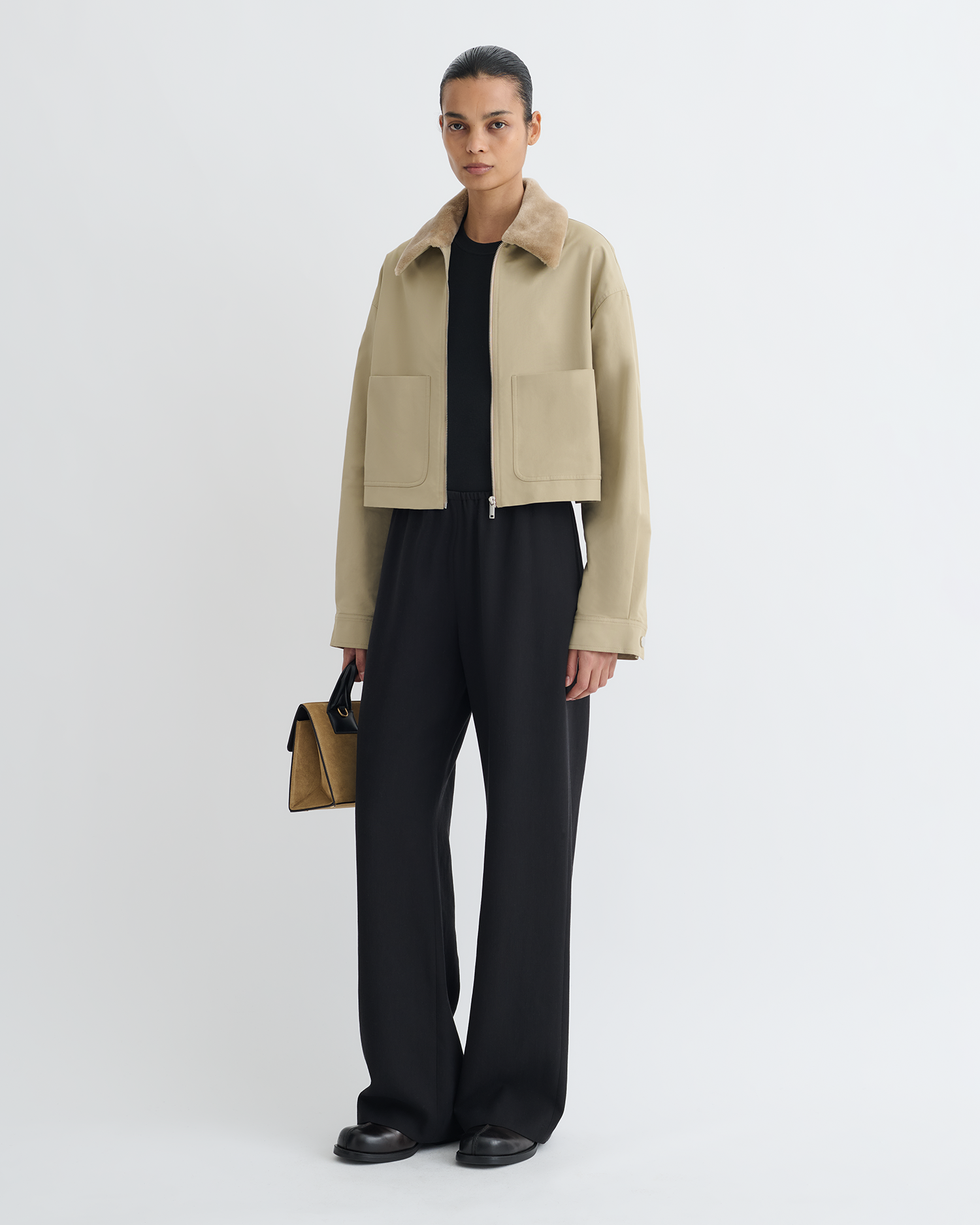 Phebe - Cropped Tech Twill and Faux Fur Jacket - Pebble/Beige Phebe - Cropped Tech Twill and Faux Fur Jacket - Pebble/Beige