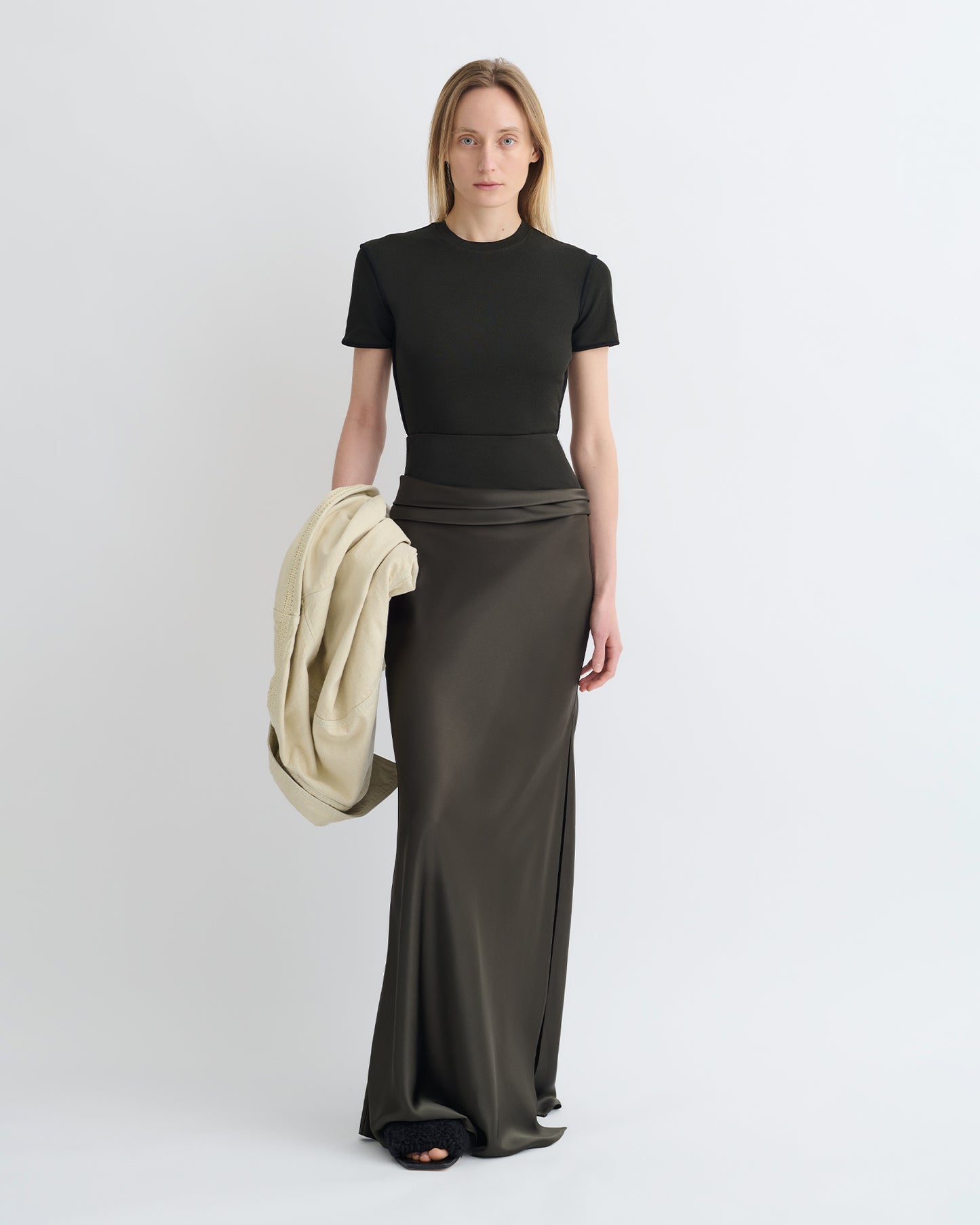Letto - Mesh Jersey and Slip Satin Skirt - Dark Green/Anthracite