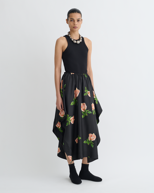 Ilariah - Printed Silk Twill Midi Skirt - Off Black/Roses
