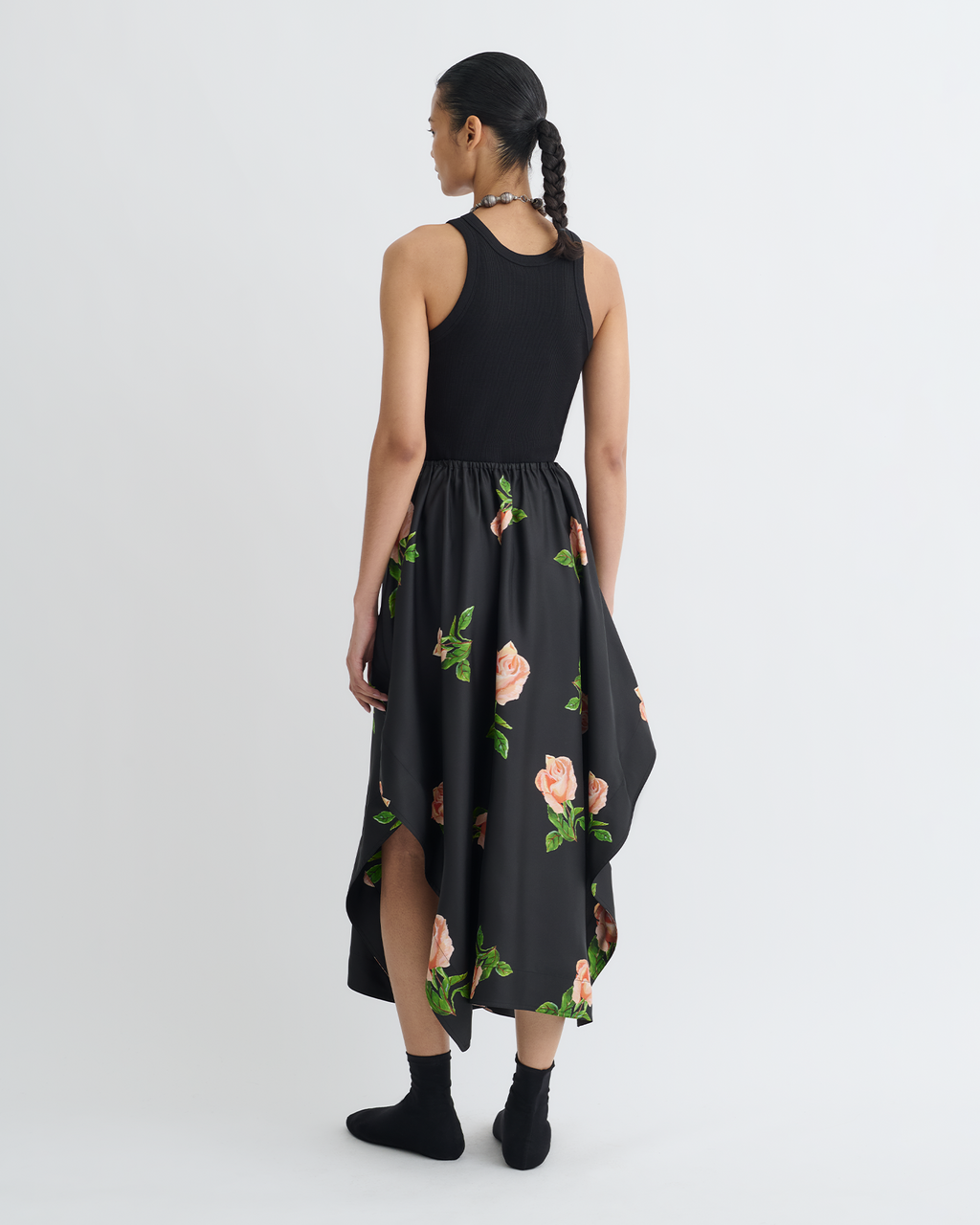 Ilariah - Printed Silk Twill Midi Skirt - Off Black/Roses