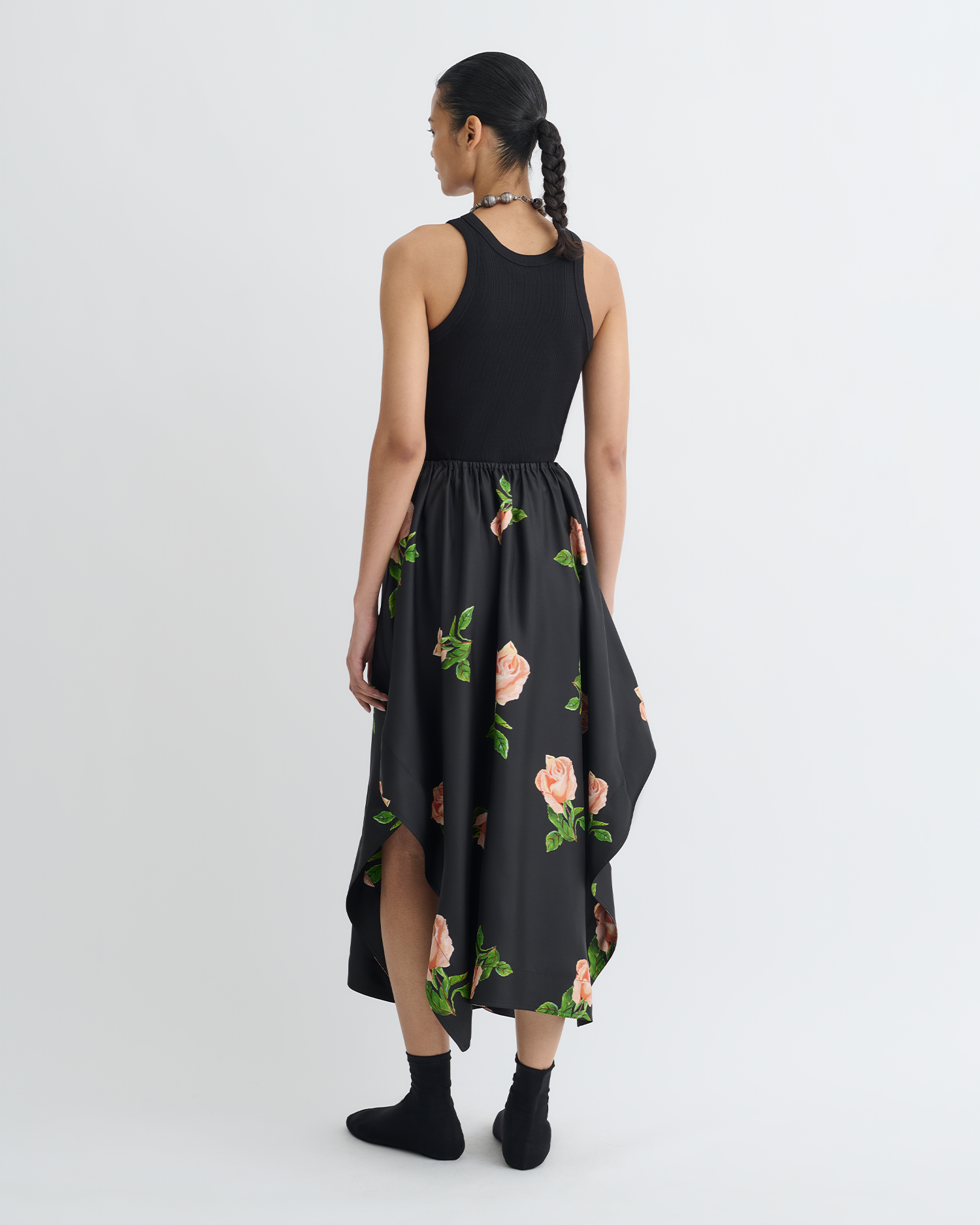 Ilariah - Printed Silk Twill Midi Skirt - Off Black/Roses
