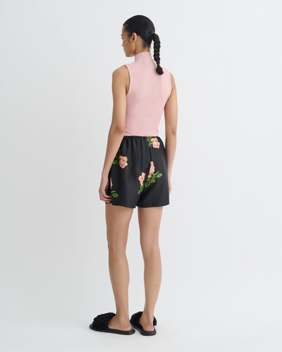 Dylla - Printed Tailored Silk Twill Shorts - Off Black/Roses