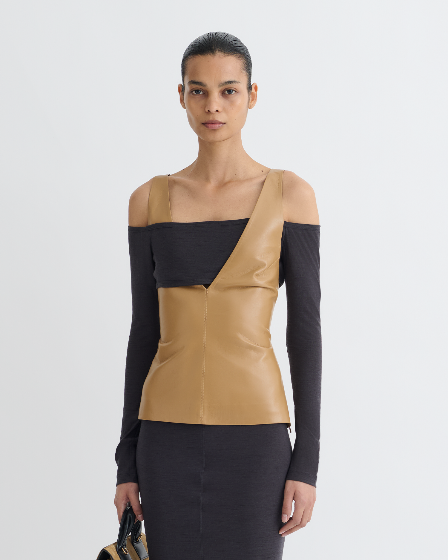 Ferr - Wool Jersey and Okobor™ Alt-Leather Top - Oak/Grey