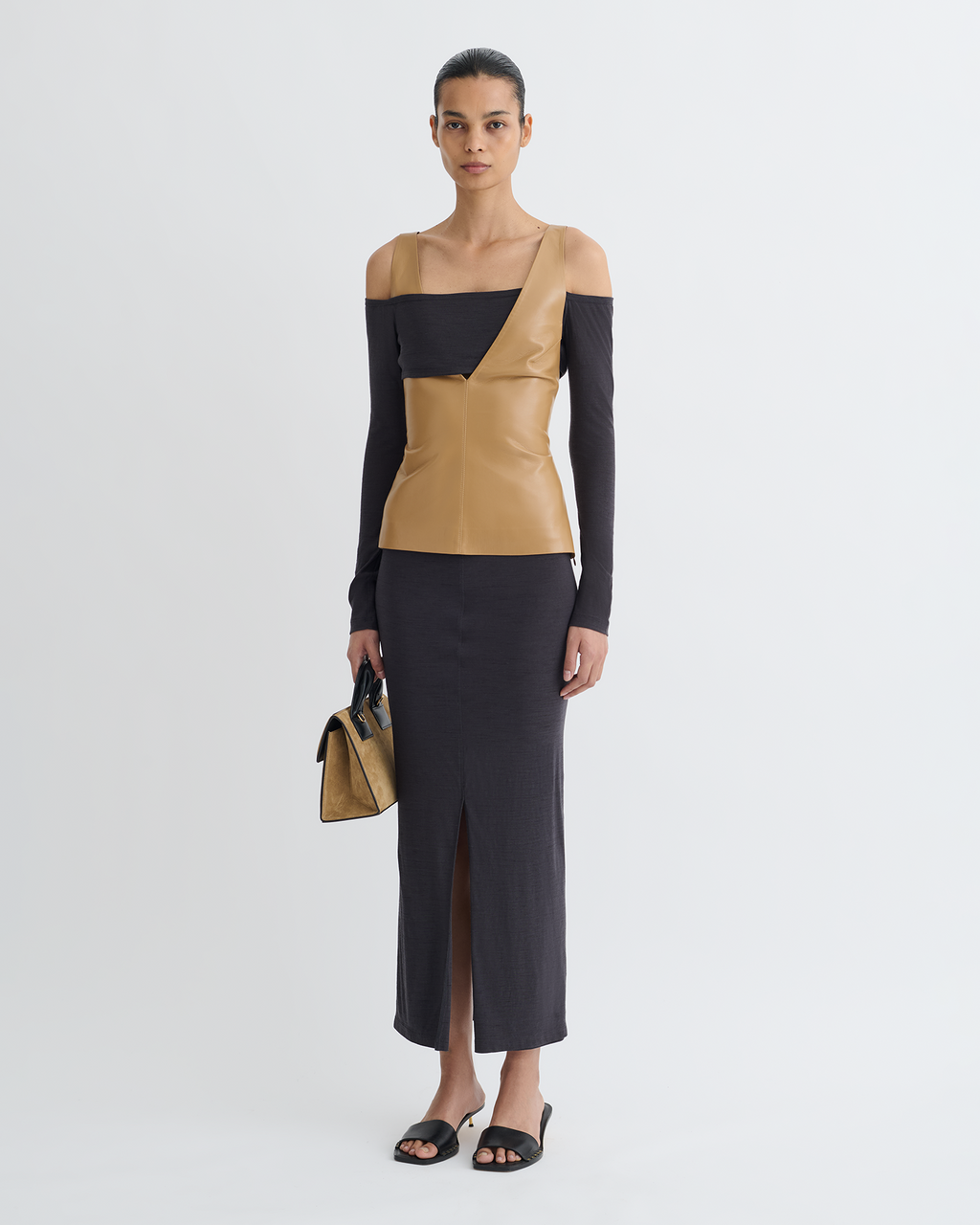Ferr - Wool Jersey and Okobor™ Alt-Leather Top - Oak/Grey