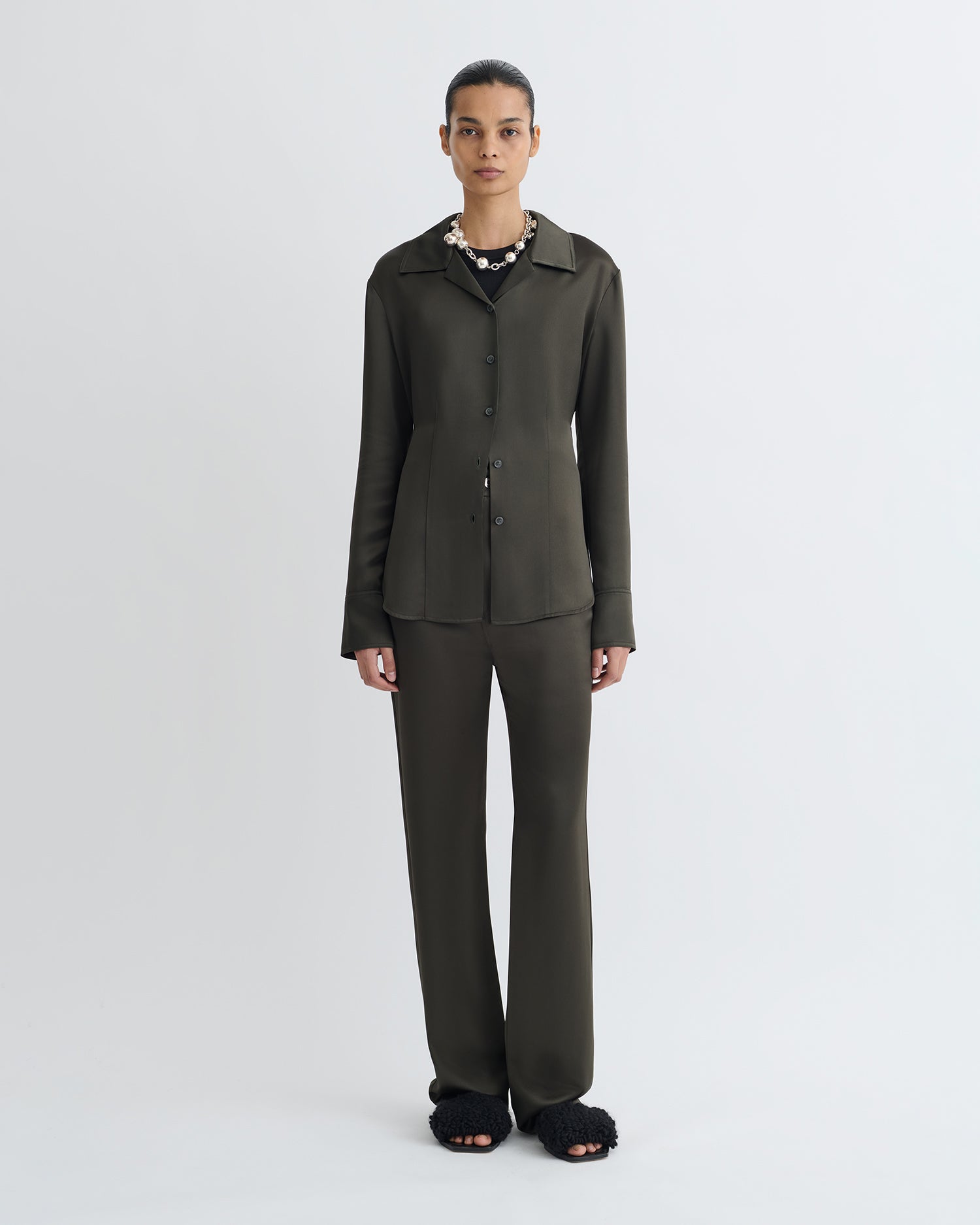 Nathalie - Slip Satin Shirt - Dark Green