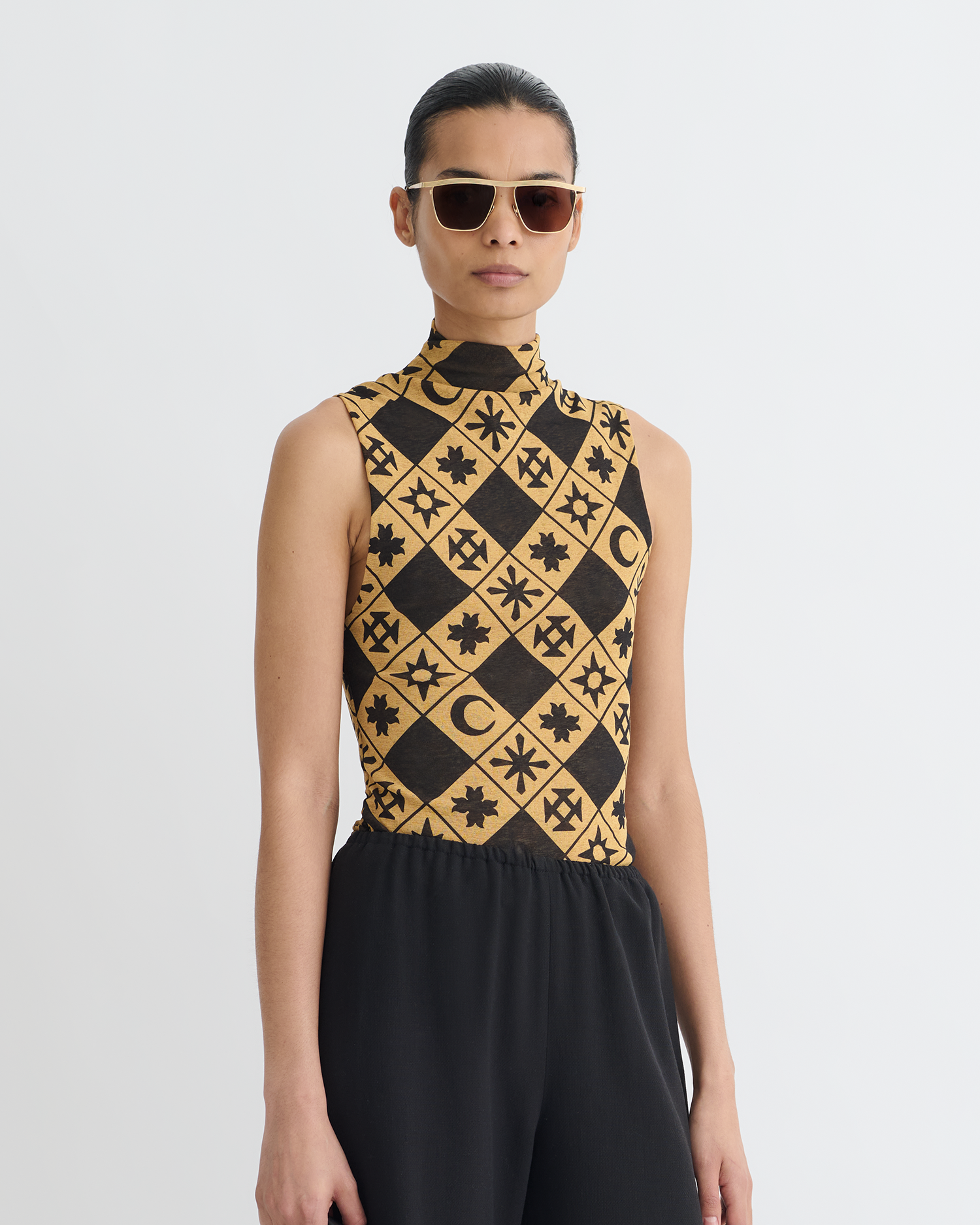 Annyka - Printed Mesh Jersey Top - Symbol Tile Oak – Nanushka