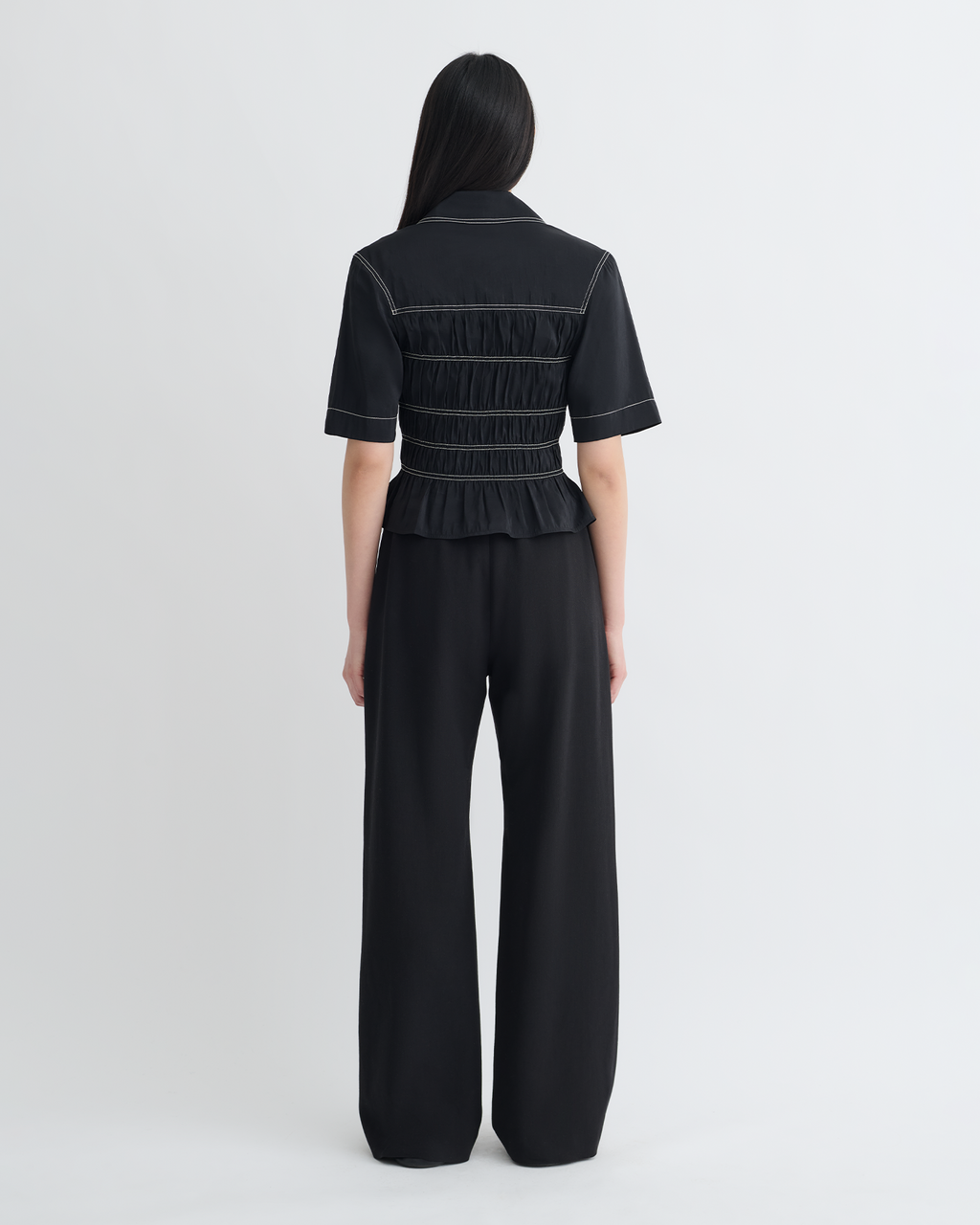Nairi - Smocked Glass Poplin Shirt - Black