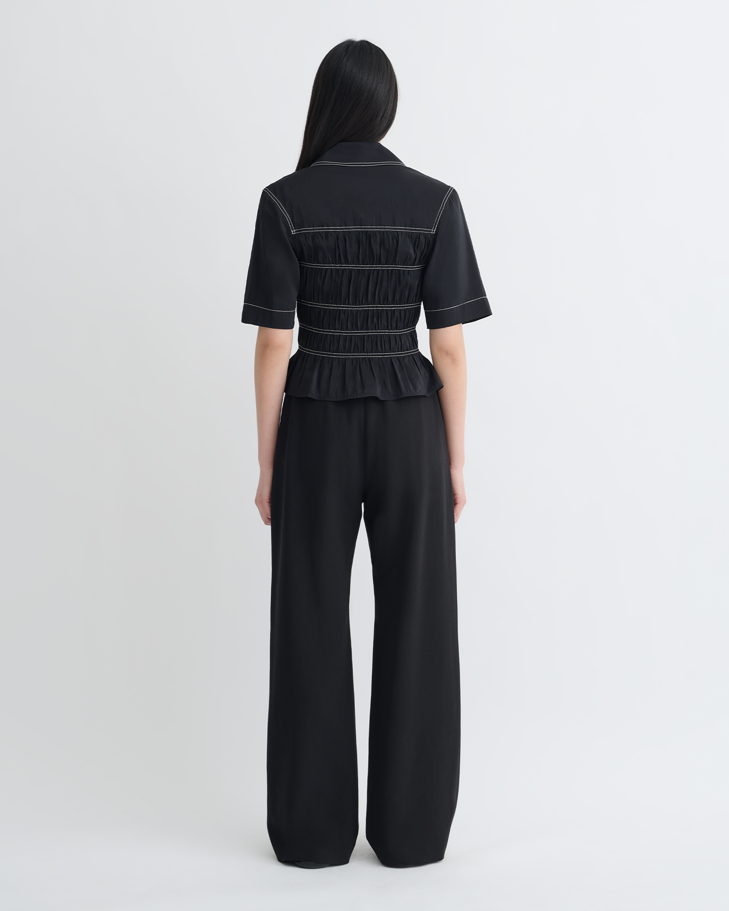 Nairi - Smocked Glass Poplin Shirt - Black